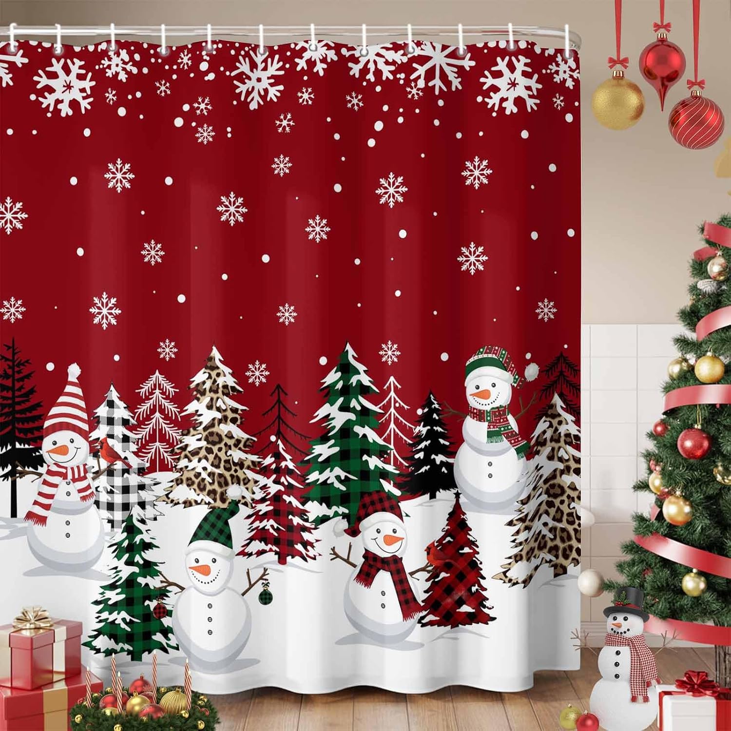 Red Christmas Snowman Shower Curtain Set - Standard 72" x 72" Xmas Tree Washable Bathtub Curtain, Winter Snowflake Waterproof Fabric Stall Shower Curtains for Bathroom/Bathtub Décor