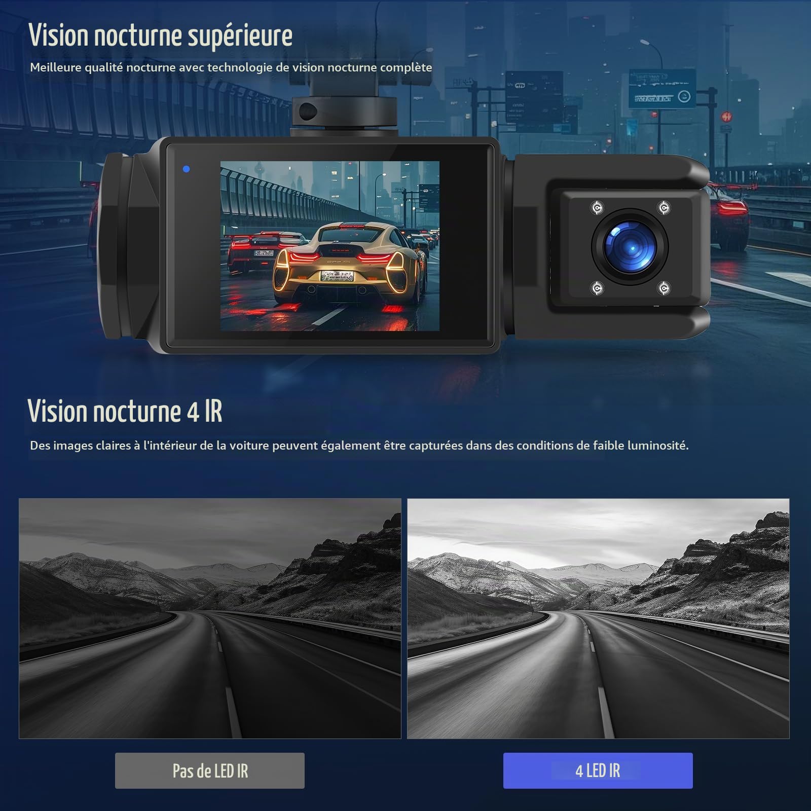 1080P WiFi Dash Cam, 3 Channel Dash Cam Front and Rear Inside, Caméra de Bord Full HD 2.0 inch IPS pour Voitures avec Enregistrement en Boucle, Vision Nocturne, Détection de Mouvement