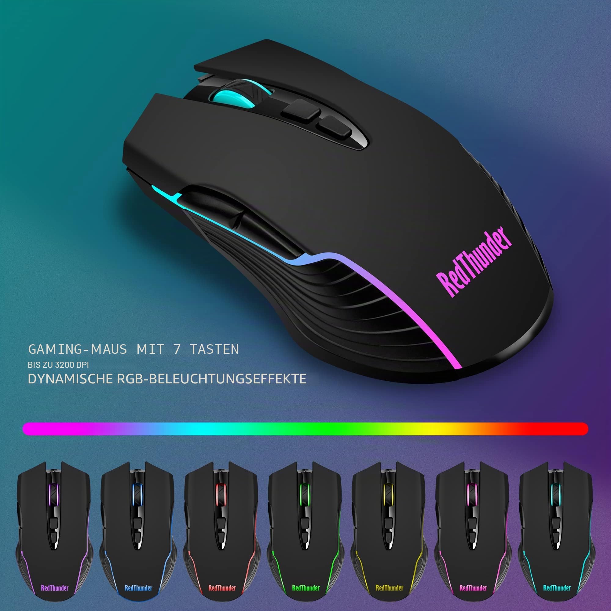 RedThunder K10 Gaming-Tastatur, mechanisches Gefühl, RGB-Hintergrundbeleuchtung, wiederaufladbarer Akku mit 3800 mAh, Anti-Ghosting + 7D-Maus, 3200 DPI, ES-Layout, für PC/PS5/Xbox, Schwarz