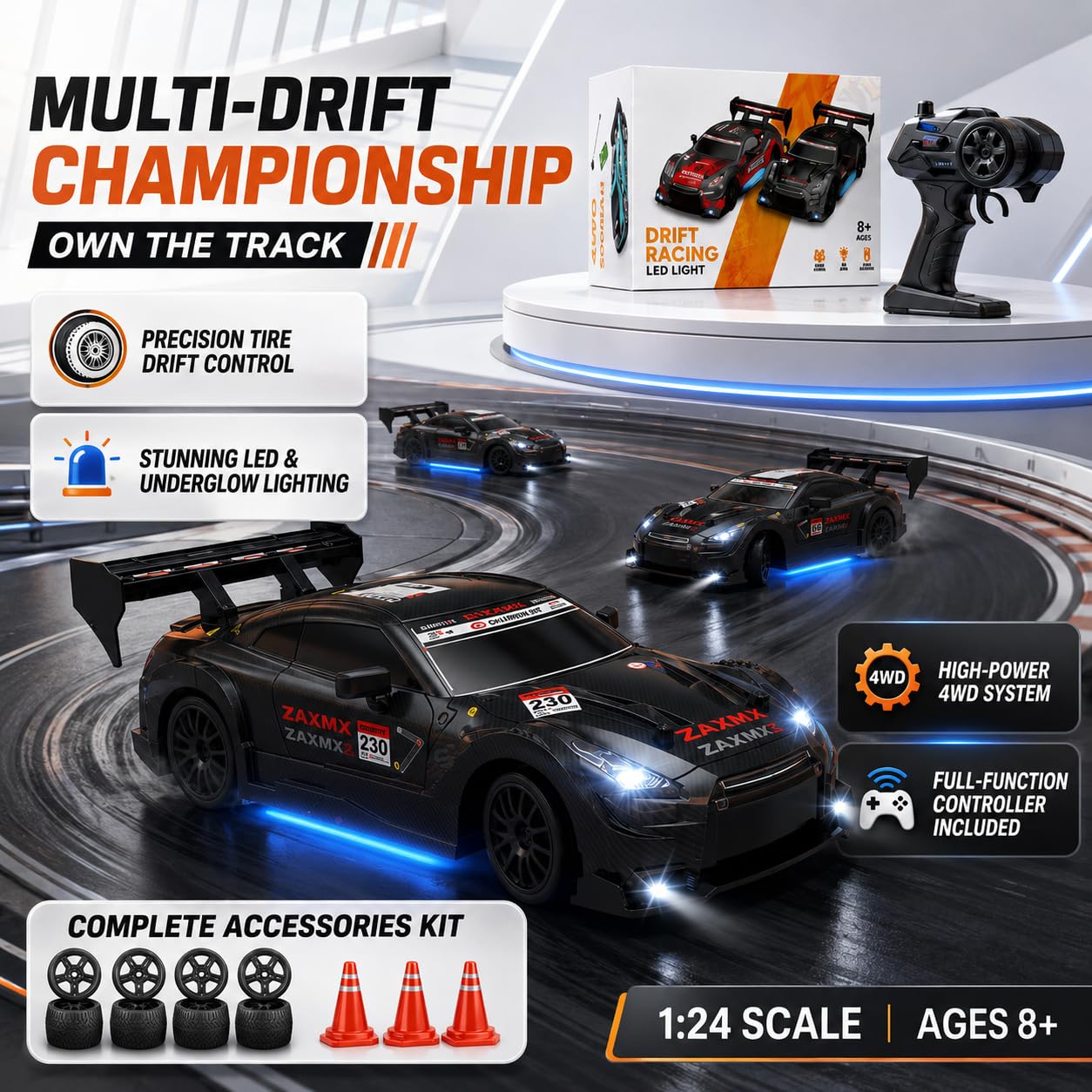 FLYTEK RC Drift Car - LED Lights & Spare Tyres -6