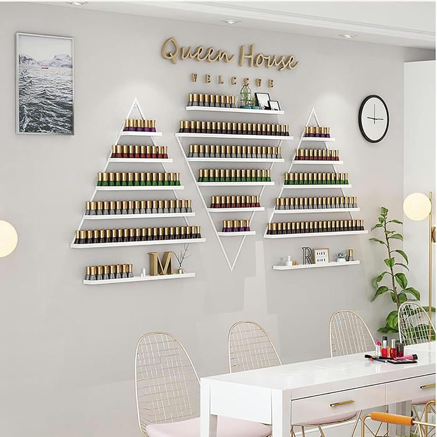 Wall Mounted Nail Polish Storage Racks, 5 Tiers Triangle Cosmetic Display Rack, Multifunction Floating Shelf for Organizing Lipstick Essential(Pink)