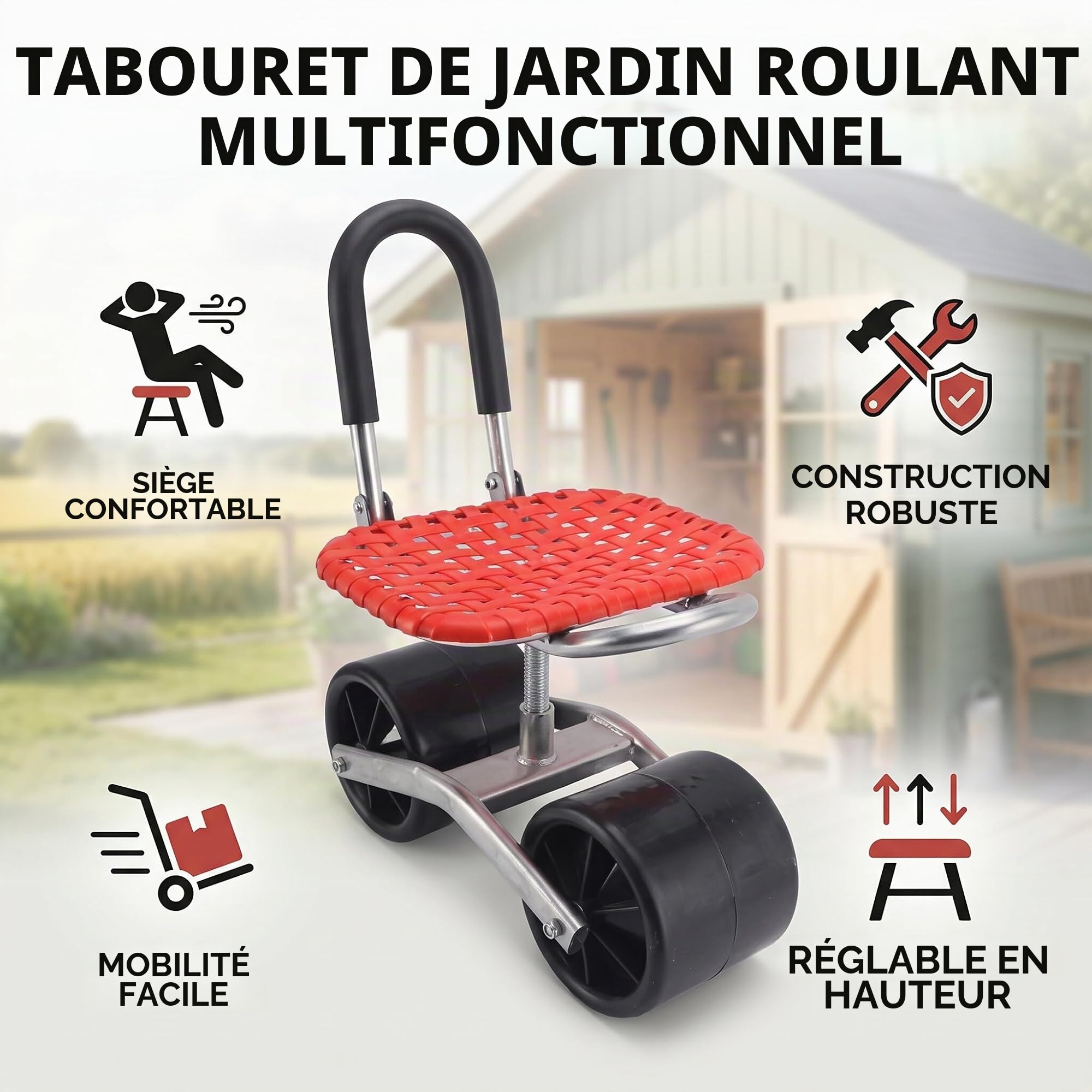 Ejoyous Tabouret de Jardin à roulettes, Siège Roulant pour Jardinage, Hauteur Réglable 22-35 cm, Rouge, Style Minimaliste, Fer, Plastique, Caoutchouc
