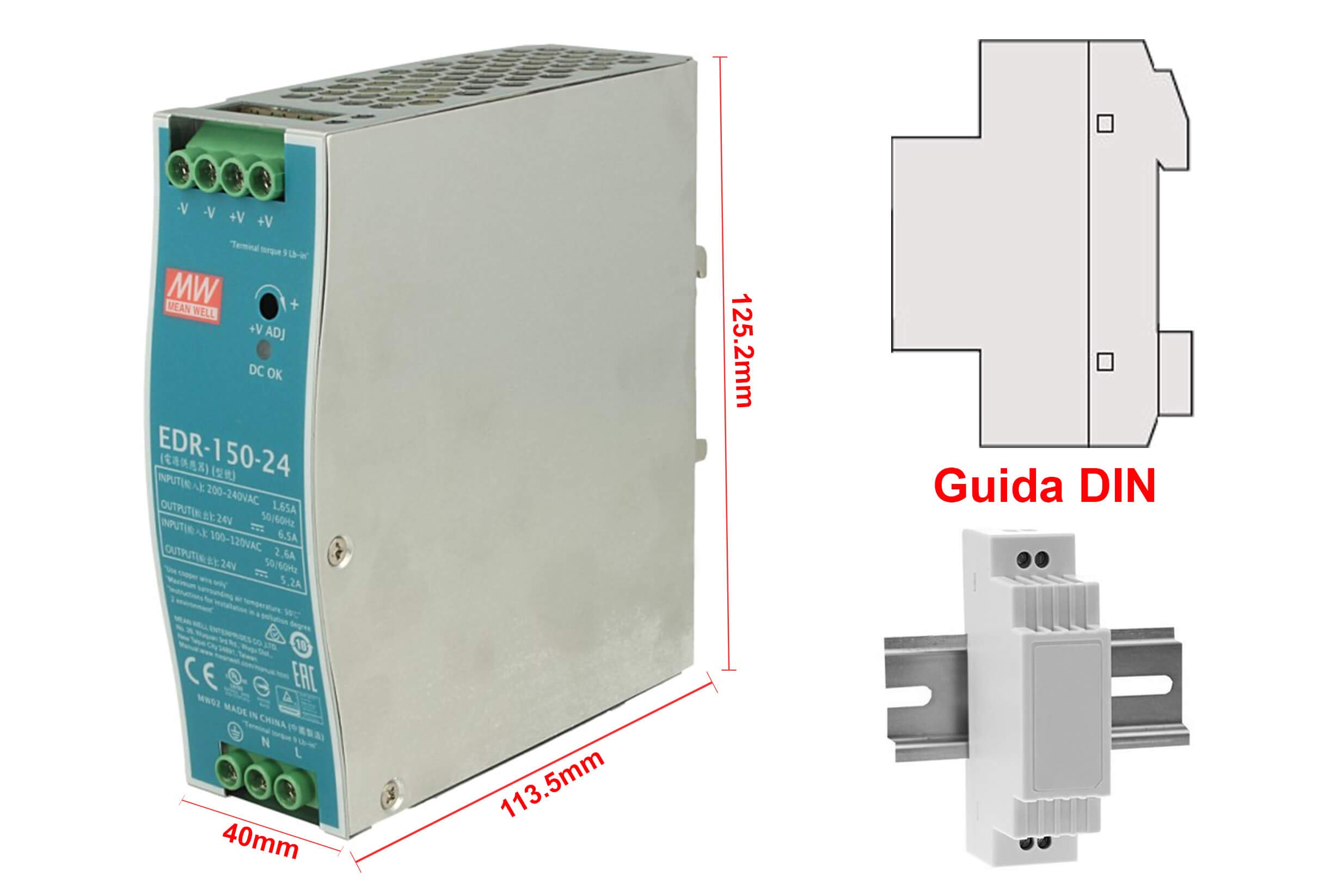 MeanWell EDR-150-24, Rotaia Industrial Trafo 24V 156W 6,5A Schiene DIN Rail Power Supply Universal