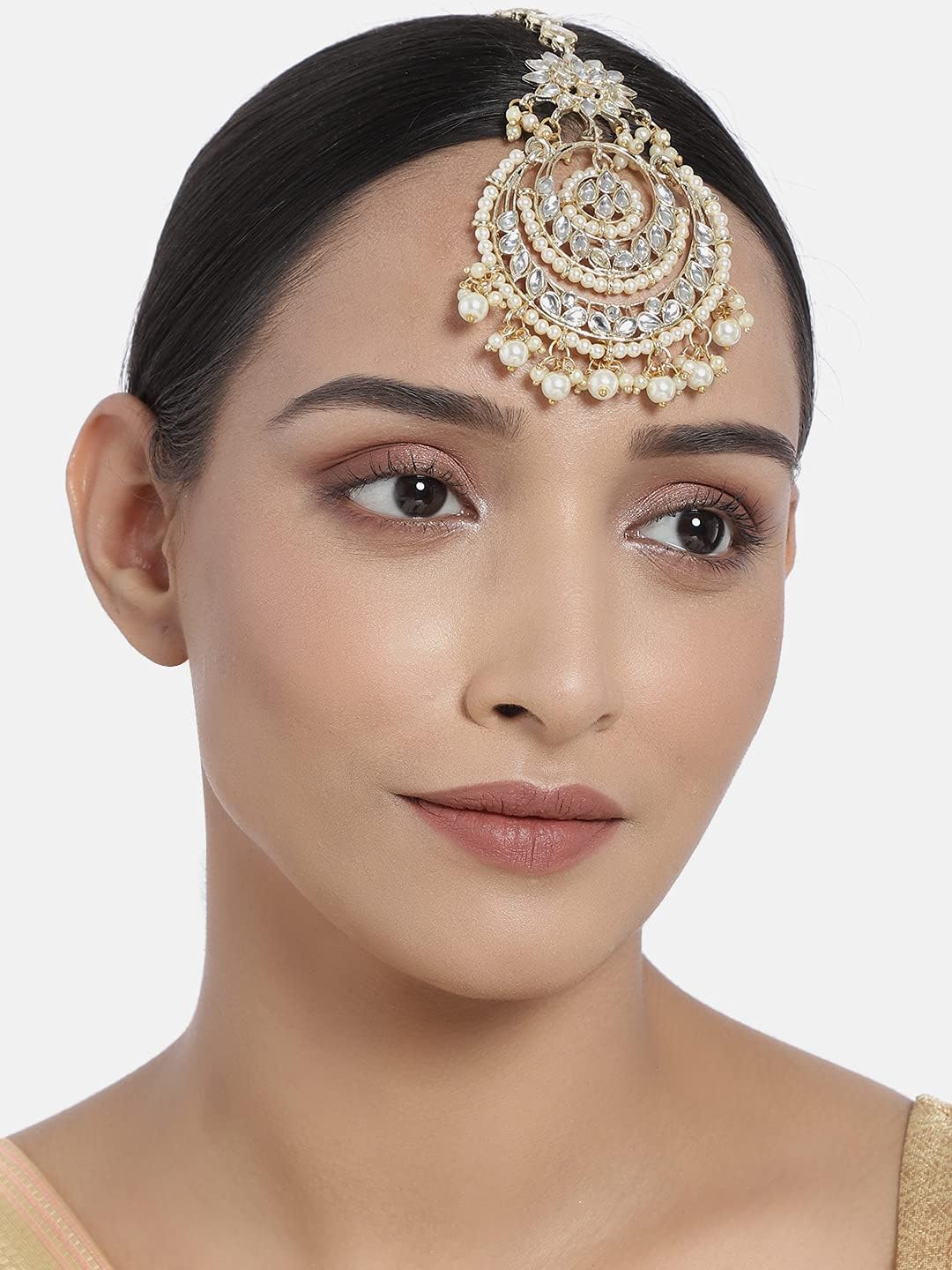 I Jewels Gold Plated Kundan with Pearls Bollywood Indian Style Bridal Wedding Maang Tikka Jewelry for Women