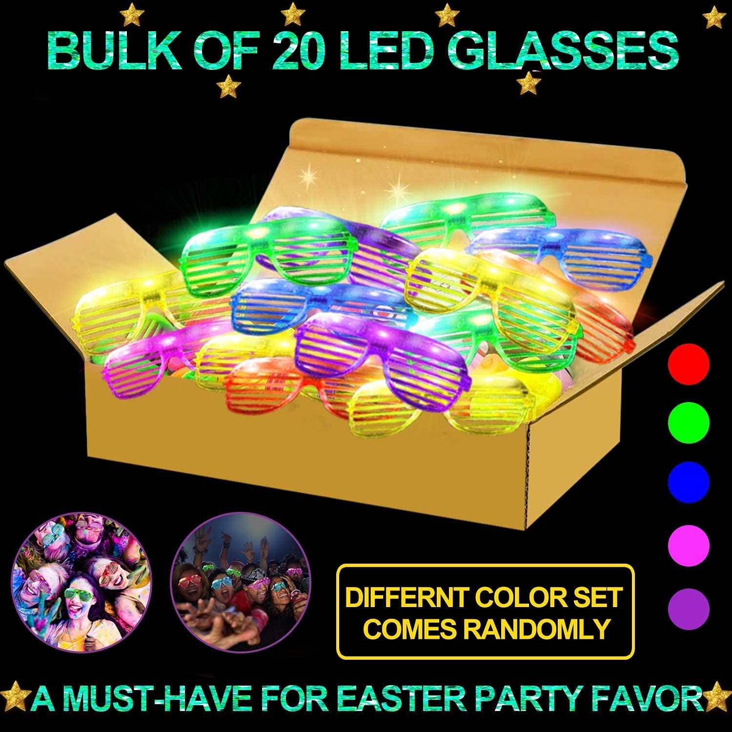 Okulary na imprezę dla dzieci, fluorescencyjne neonowe okulary, TTY 20 sztuk 5 kolorowych plastikowych okularów LED, świecące w ciemności Nowy Rok, artykuły imprezowe, prezenty, różowe, zielone,