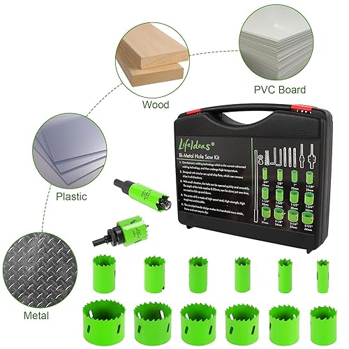 Miniatura 5 de LifeIdeas Kit de sierra de agujero bimetálica, juego de 22 piezas de sierra de agujero con 34 a 2-12 pulgadas, 12 hojas de sierra en estuche, acero