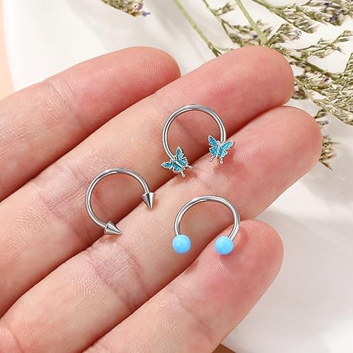 Miniatura 4 de Viallct 3 anillos de tabique de 16 G, herradura, nariz, cartílago, hélix, aretes de acero quirúrgico 316L, mariposa, nariz, aro de oreja, piercing