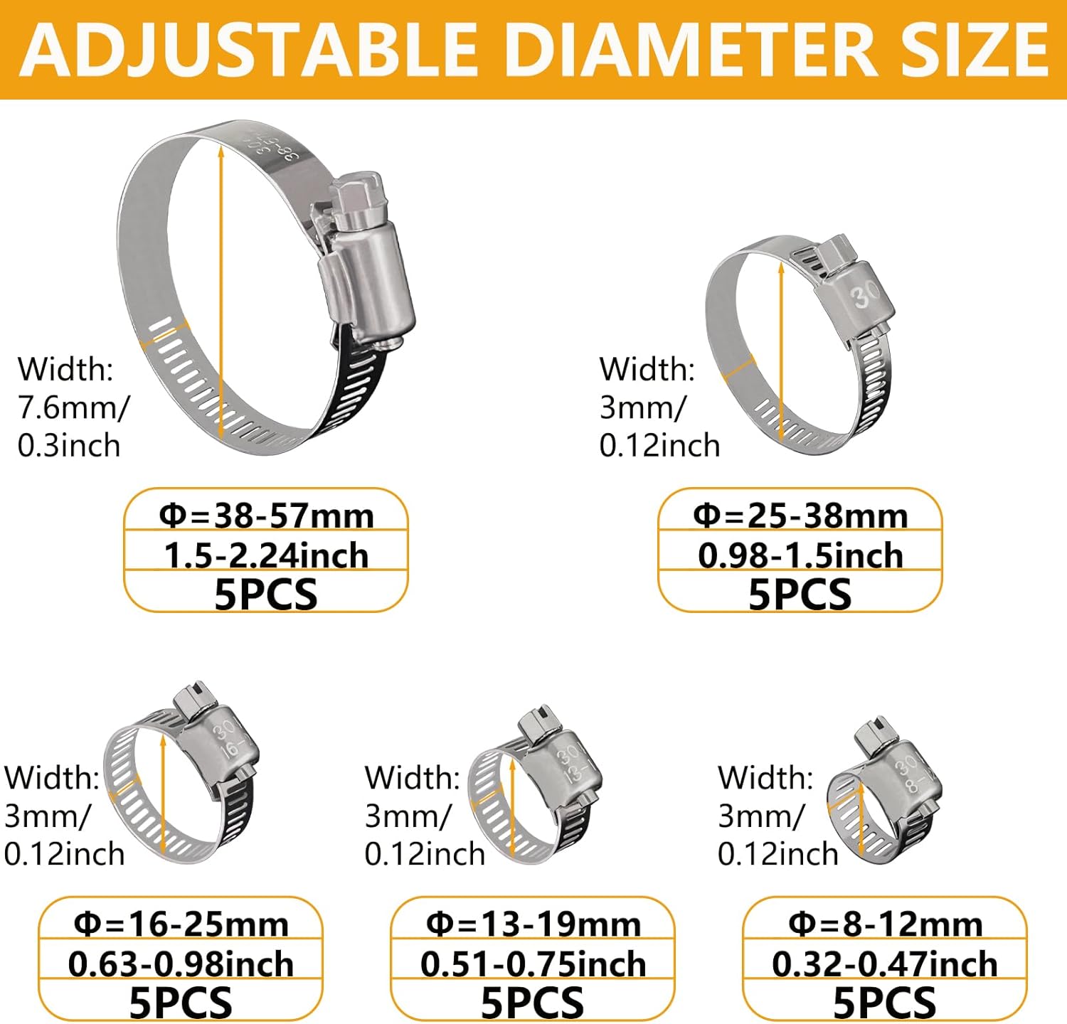 25 Pack Stainless Steel Hose Clamps Assortment Kit, Adjustable 8-57mm Worm Gear Hose Clamp Heavy Duty Duct Pipe Clamp for Plumbing, Fuel Line, Radiator, Mechanical, Automotive Application, Industrial
