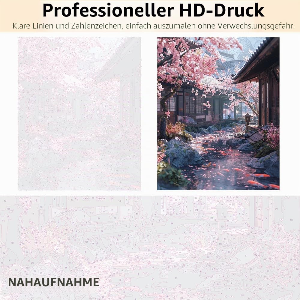 TISHIRON Malen nach Zahlen Erwachsene Kirschblüte, Adult Paint by Numbers Kits Scenery, DIY Acrylmalerei auf Leinwand Fisch, Ölgemälde für Home Wall Decor 40 x 50 cm(mit rahmen)