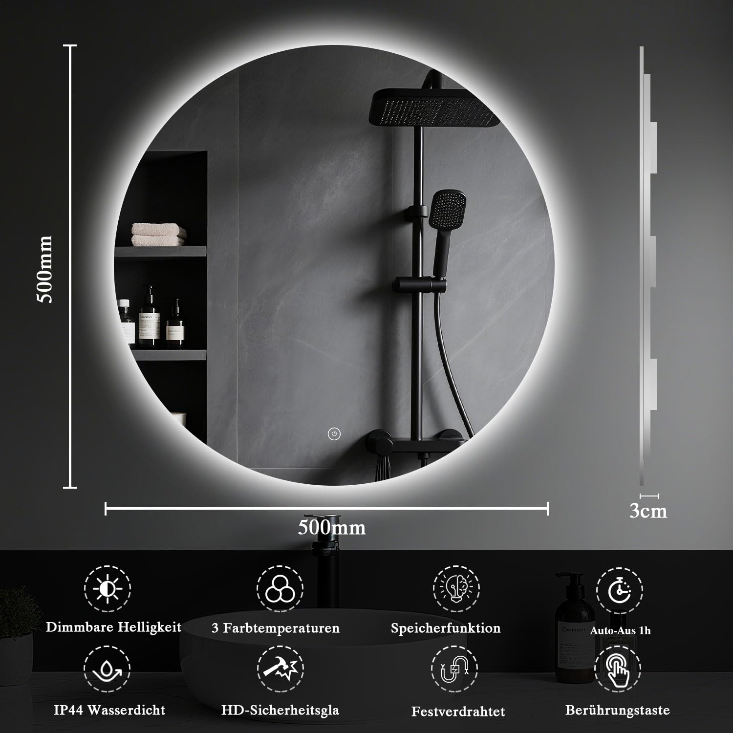 Badspiegel mit Beleuchtung - LED-Badezimmer-Spiegel-Round 50cm,Touch-Schalter,Dimmbar,3 Lichtfarben, Speicherfunktion, Badezimmerspiegel mit HD Sicherheitsgla - Explosionsschutz Wandspiegel