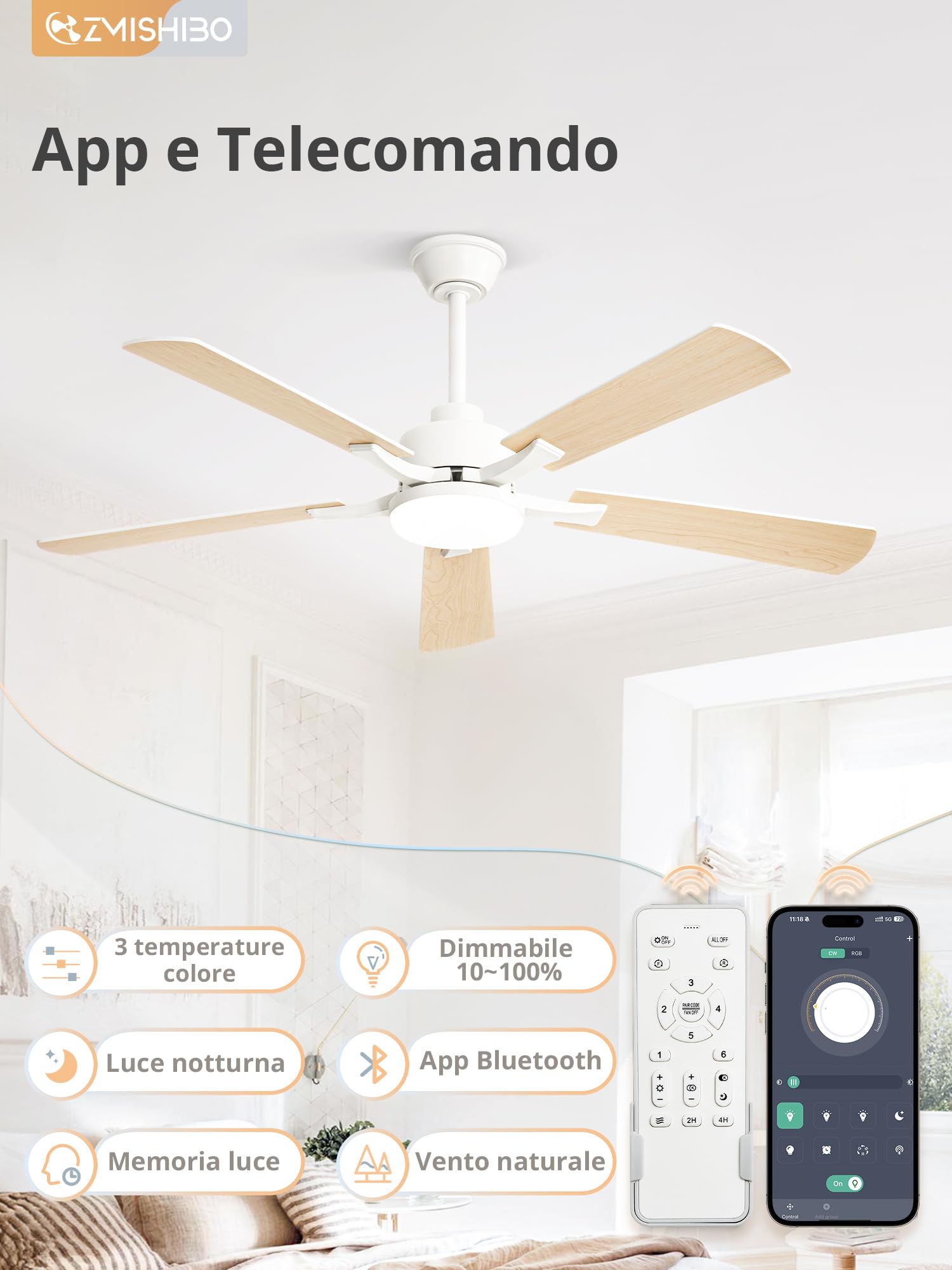 ZMISHIBO Ventilatore da Soffitto con Luce,132 cm Silenzioso con Telecomando e App,Motore DC Reversibile,Lampada da Soffitto con Ventilatore per Camera da Letto e Soggiorno
