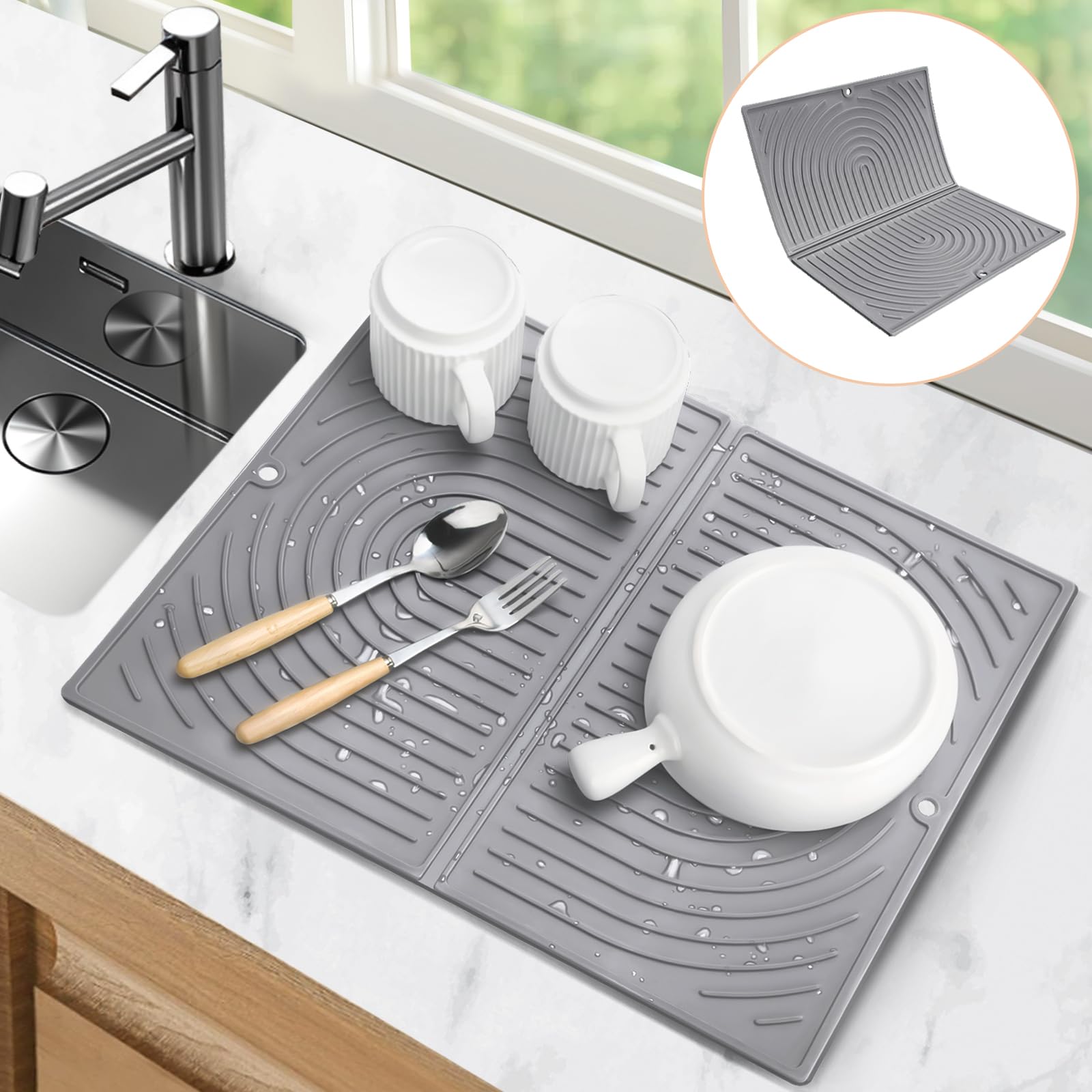Oamwrae Silicone Dish Drying Mat, Folding Drainer Draining Board Matt for Kitchen Counter Non-Slip, Quick Dry