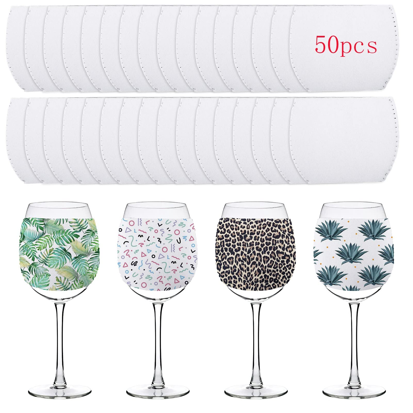 WACAR 50pcs Sublimation Blanks Wine Glass Sleeve Neoprene Wine Glass Sleeve Sublimation Insulator Cover for DIY Wine Glass Sublimation Ornaments Supplies, 4.3 x 3.3 Inch