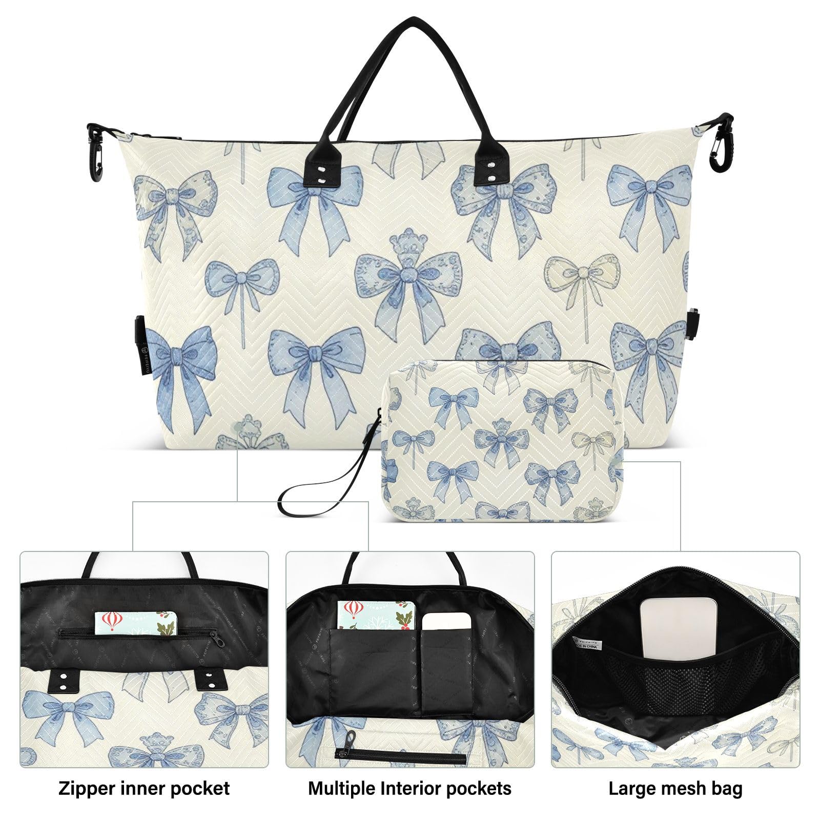 Reisetaschen-Set, 2-teilig, durchgehende Reißverschlussfächer, praktisch für Reisen, Bow Bluevbossed, One Size, Klassisch