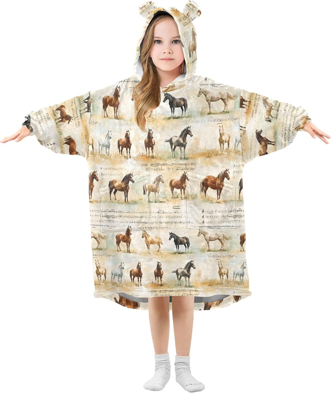 Horse Animal Kids Wearable Blanket Hoodie with Pocket and Sleeves for Toddlers, Cute Hoodies Girls Boys B0403908