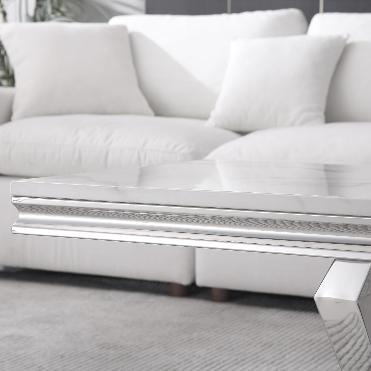 Modern Rectangular White Marble Coffee Table with 0.71"" Thick Marble Top, U-Shape Stainless Steel Base with Silver Mirrored Finish for Living Room (Silver10)