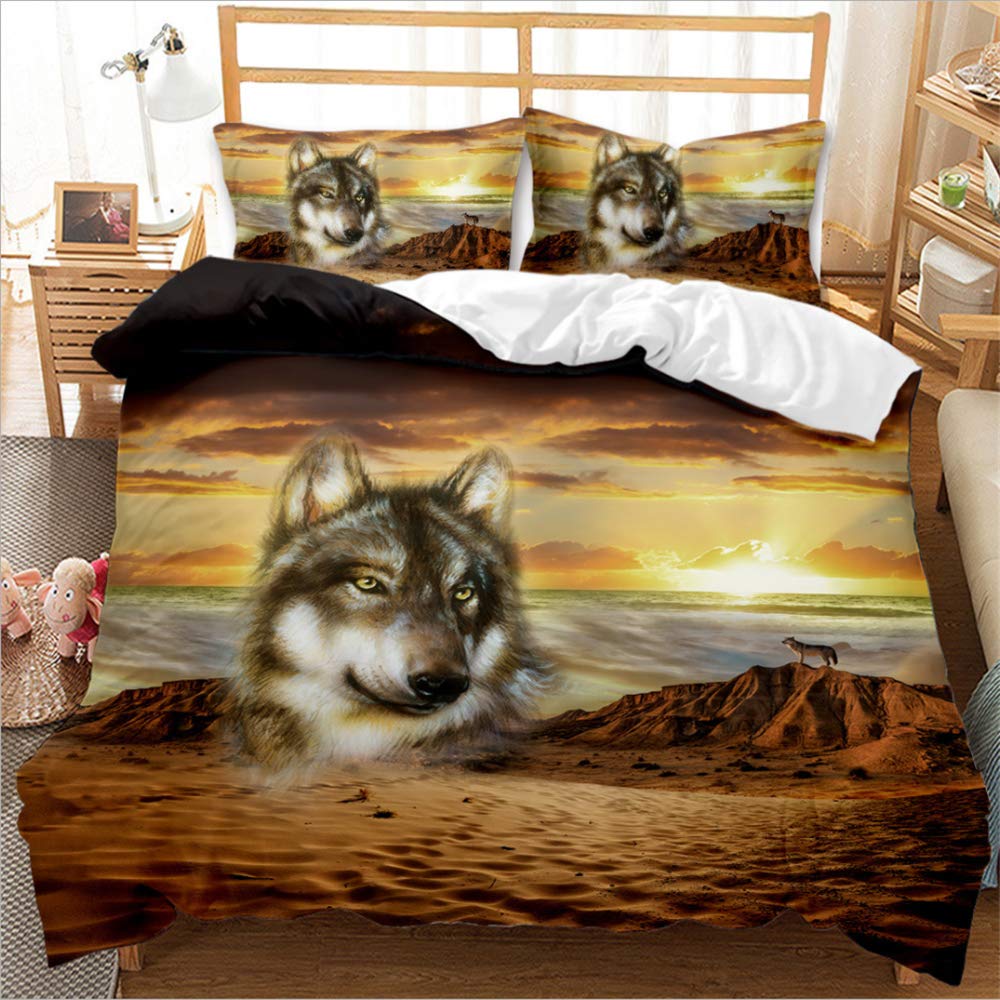 Housse de couette motif loup 180x210 cm avec parure de lit 3 pièces au design réaliste