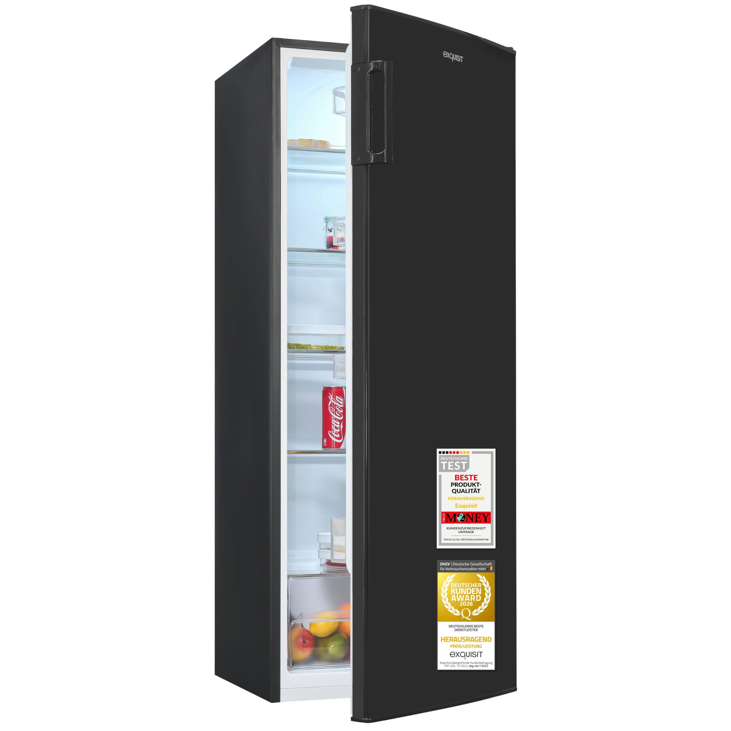 Exquisit Kühlschrank ohne Gefrierfach, Großer Kühlschrank, 5 Ablagen, 242 Liter, Vollraumkühlschrank 143 cm hoch, KS5320-V-H-040E schwarz