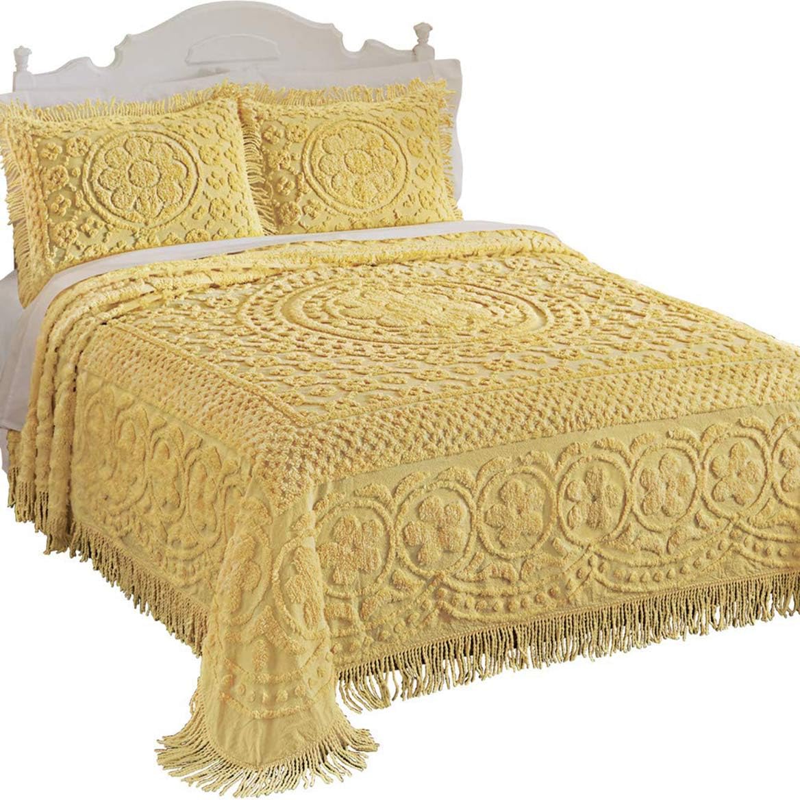 Collections Etc Calista Chenille Lightweight Bedspread with Fringe Border, Yellow, Full