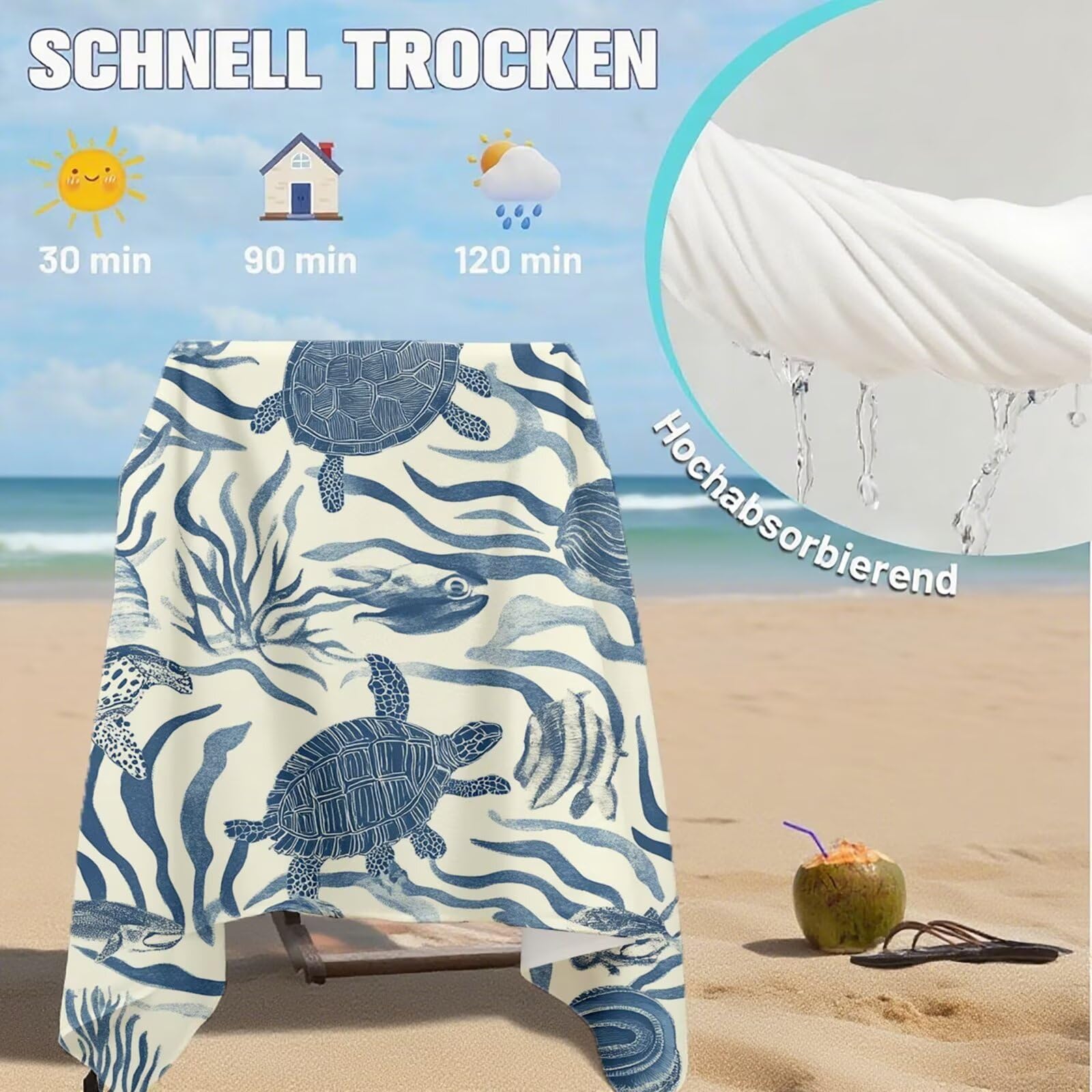Serviette de Plage Microfibre Serviette Plage 80x180 2 Pack Séchage Rapide, Anti-Sable, Absorbante Fonction drap de plage xxl pour Bain Sport Voyages Sauna Piscine Yoga, avec Sac Tortues de mer Q-85
