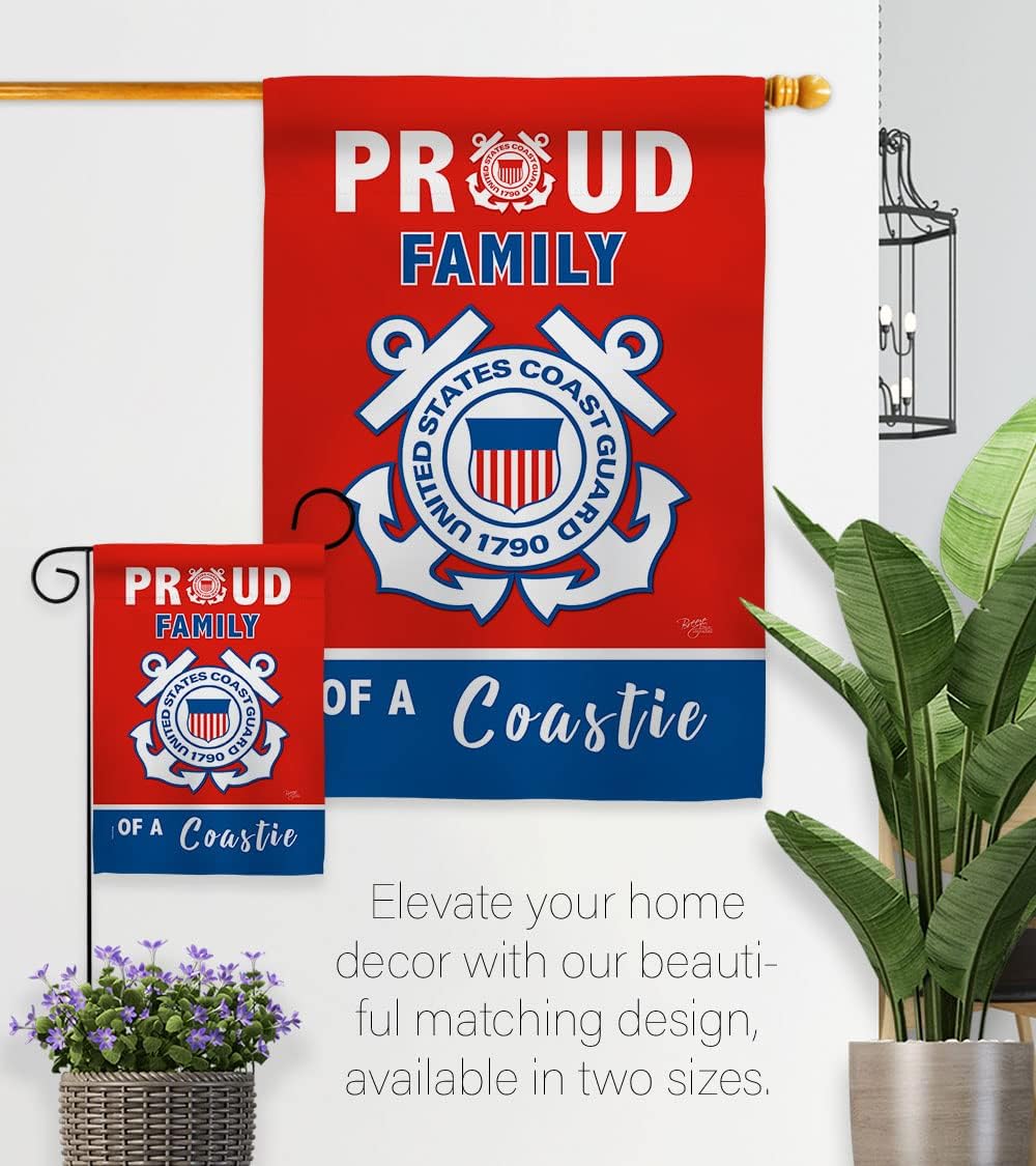 Breeze Decor Proud Family Coastie Garden Flag - Set with Stand Armed Forces Coast Guard USCG Semper Paratus USA Military Veteran Retire Official - House Yard Gift Double-Sided 13 X 18.5