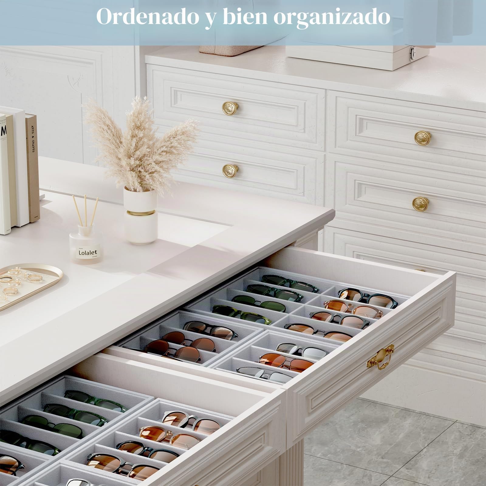 Lolalet Bandeja Organizador de Gafas de Sol, 8 Compartimentos para Gafas de Ante, Estante de Almacenaje para Gafas de Sol para Mujeres y Hombres
