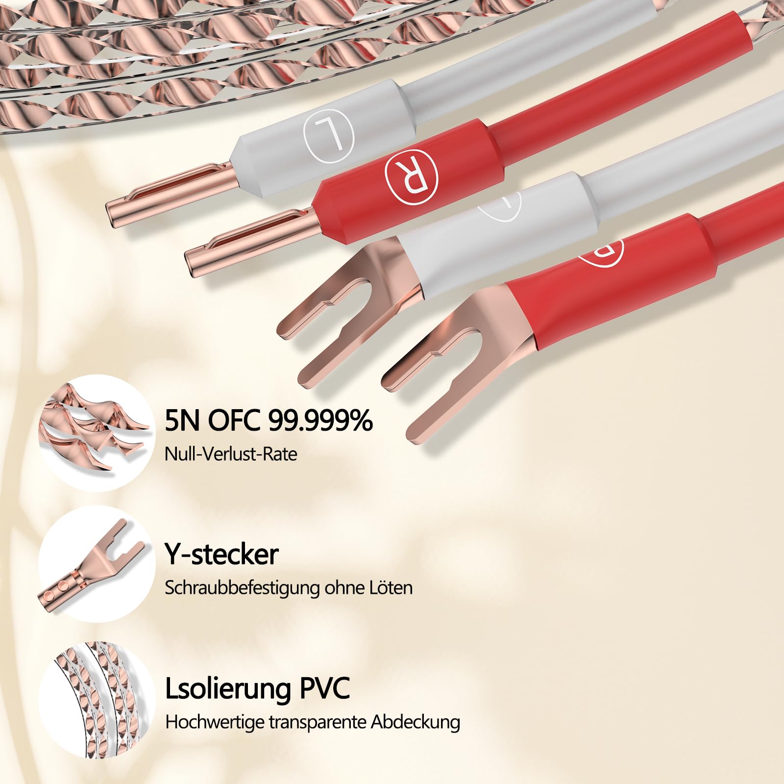 Tertullus 1 Paar High-End HiFi Lautsprecherkabel 2m VS903 Flaches OFC-Kupfer 17AWG(1.0 mm²) verdrillt massiv HiFi Dynamisches Lautsprecherkabel mit Bananenstecker Kabelschuhe