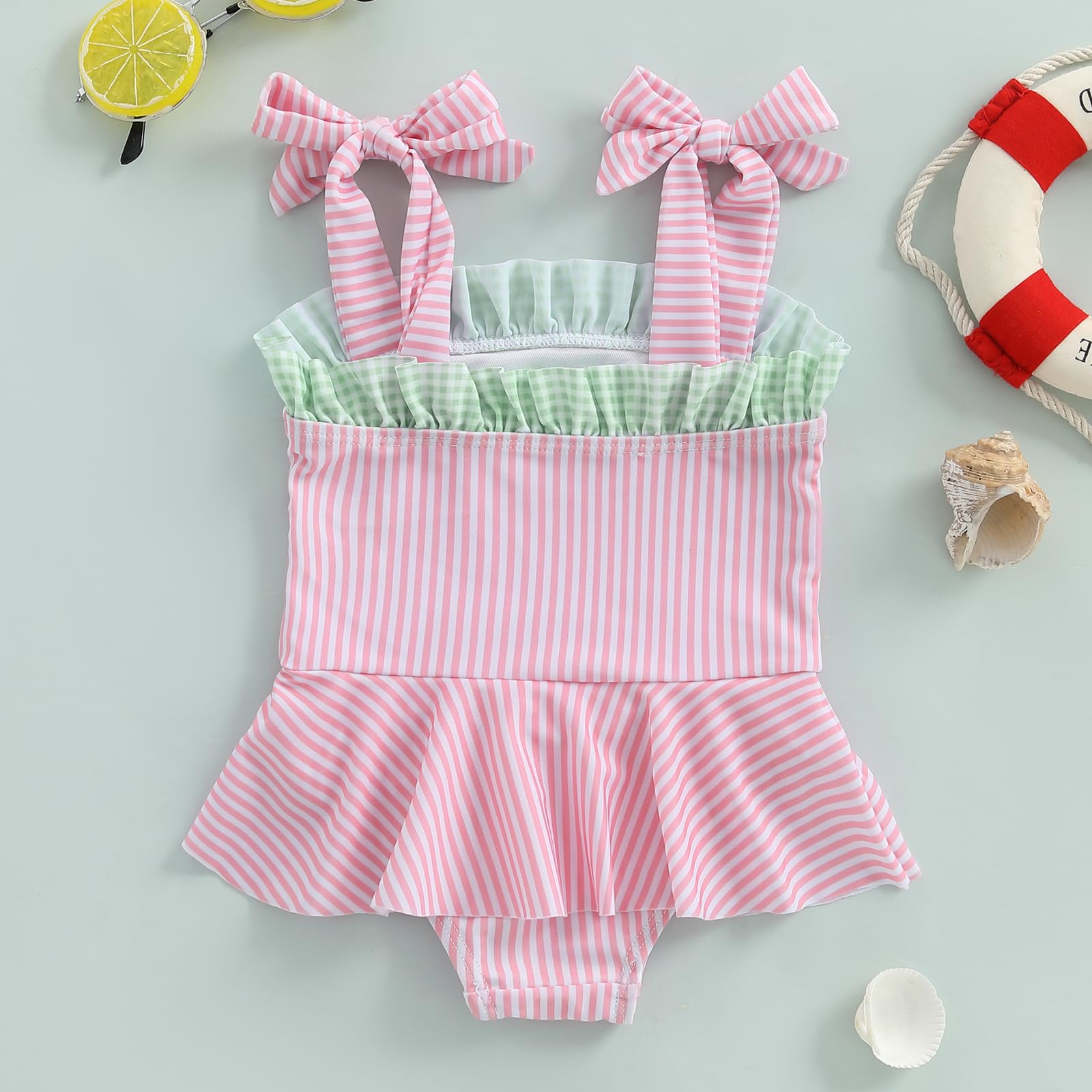 KMBANGI Toddler Baby Girl Swimsuit Tie Up Watermelon Swimwear Sleeveless One Piece Bathing Suit Ruffle Stripes Beachwear (Pink, 12-18 Months)