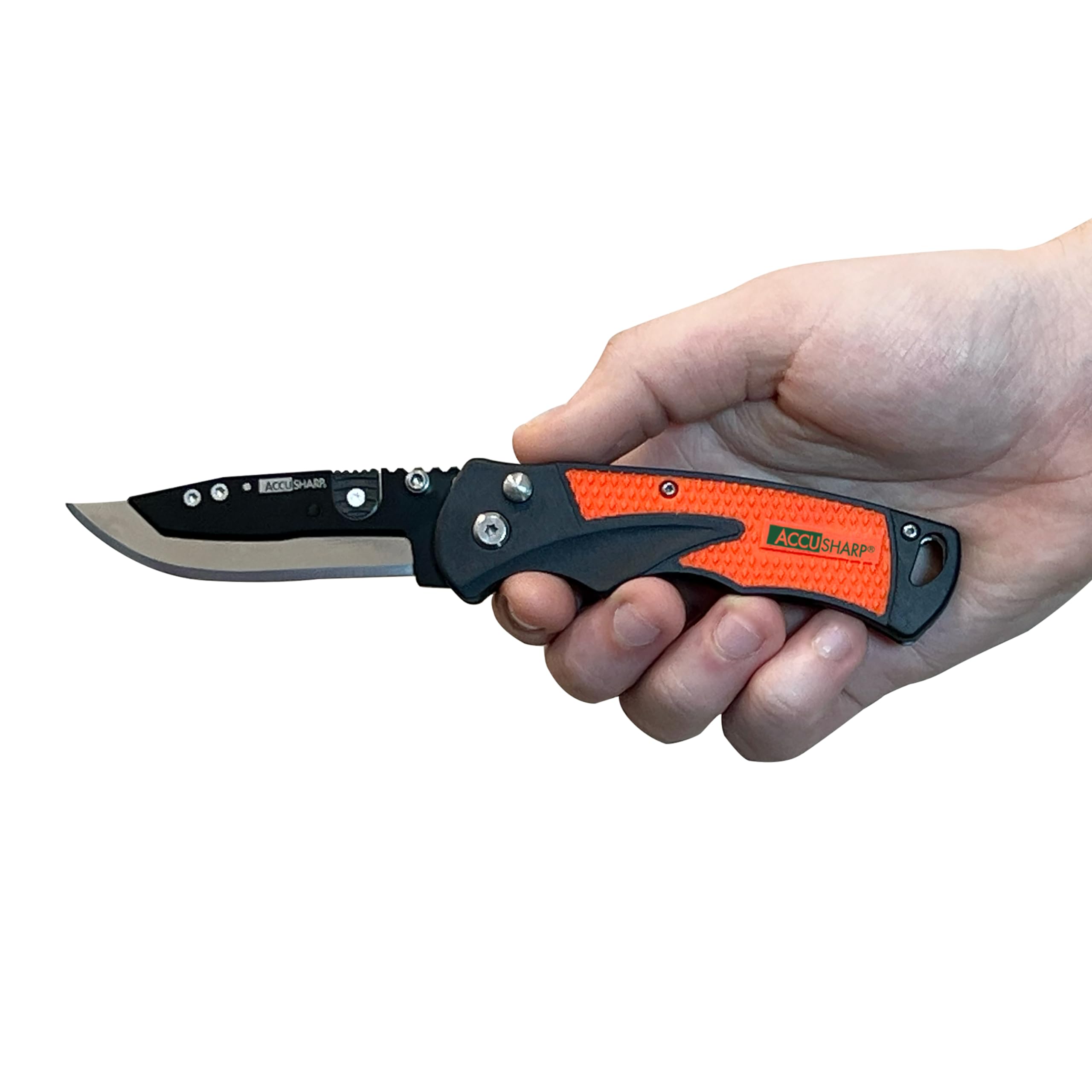 ACCUSHARP 3” Replaceable Blade Razor Knife, Stainless Steel Folding Pocket Knife with 2 Replaceable Blades, Belt Clip & Non-Slip, Ergonomic Handle, Orange