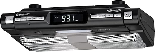 Jensen Modern Wireless Under Cabinet Kitchen Universal Bluetooth Music System, FM Radio, Clock LCD