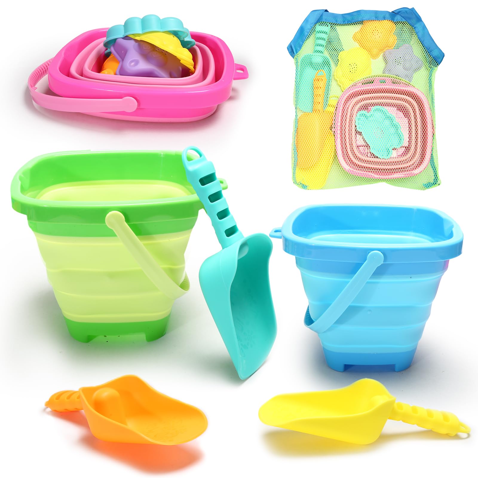 RacingFun Collapsible Beach Sand Toys for Kids - Travel Beach Toys with 3 Collapsible Beach Buckets,3 Beach Shovels, 4 Sand Molds, Mesh Bags,Sand Bucket Shovel Set Sandbox