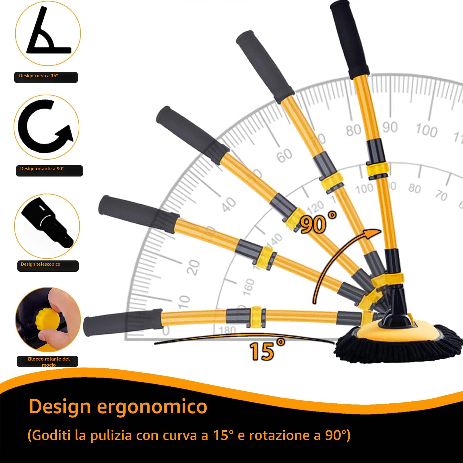 15° Curvata Spazzole Pulizia Auto Telescopica Lavaggio 43” Asta in Lega di Alluminio Kit Spazzola Spugna Esterno Camion Camper Moto Accessori Spazzolone Microfibro Ciniglia Pennello Senza Graffi