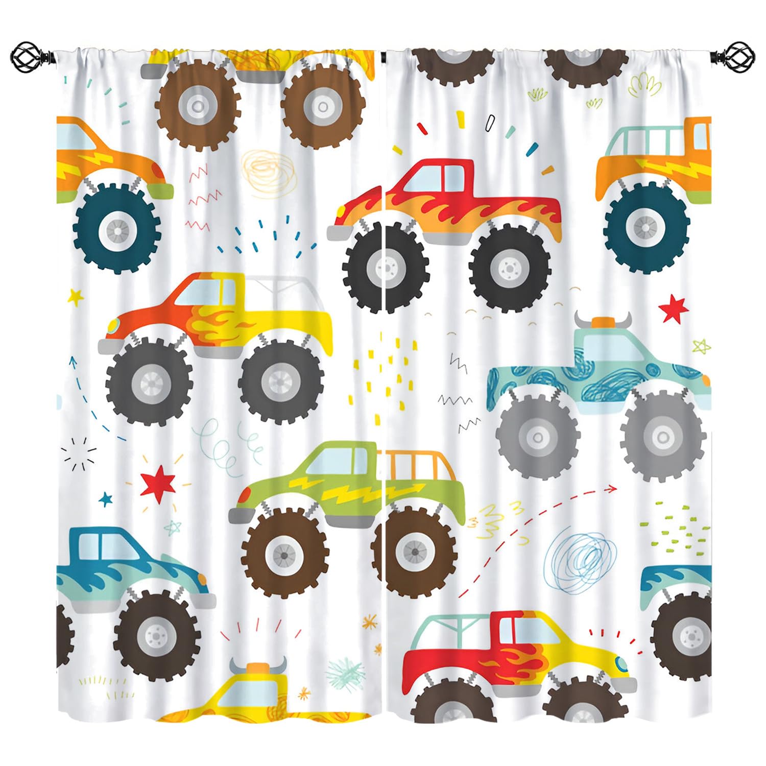 KANEPE Truck Cars Curtains, Colorful Cartoon Monsters Truck Blackout Window Treatments, Rod Pocket Thermal Insulated Drapes for Teens Boys Bedroom