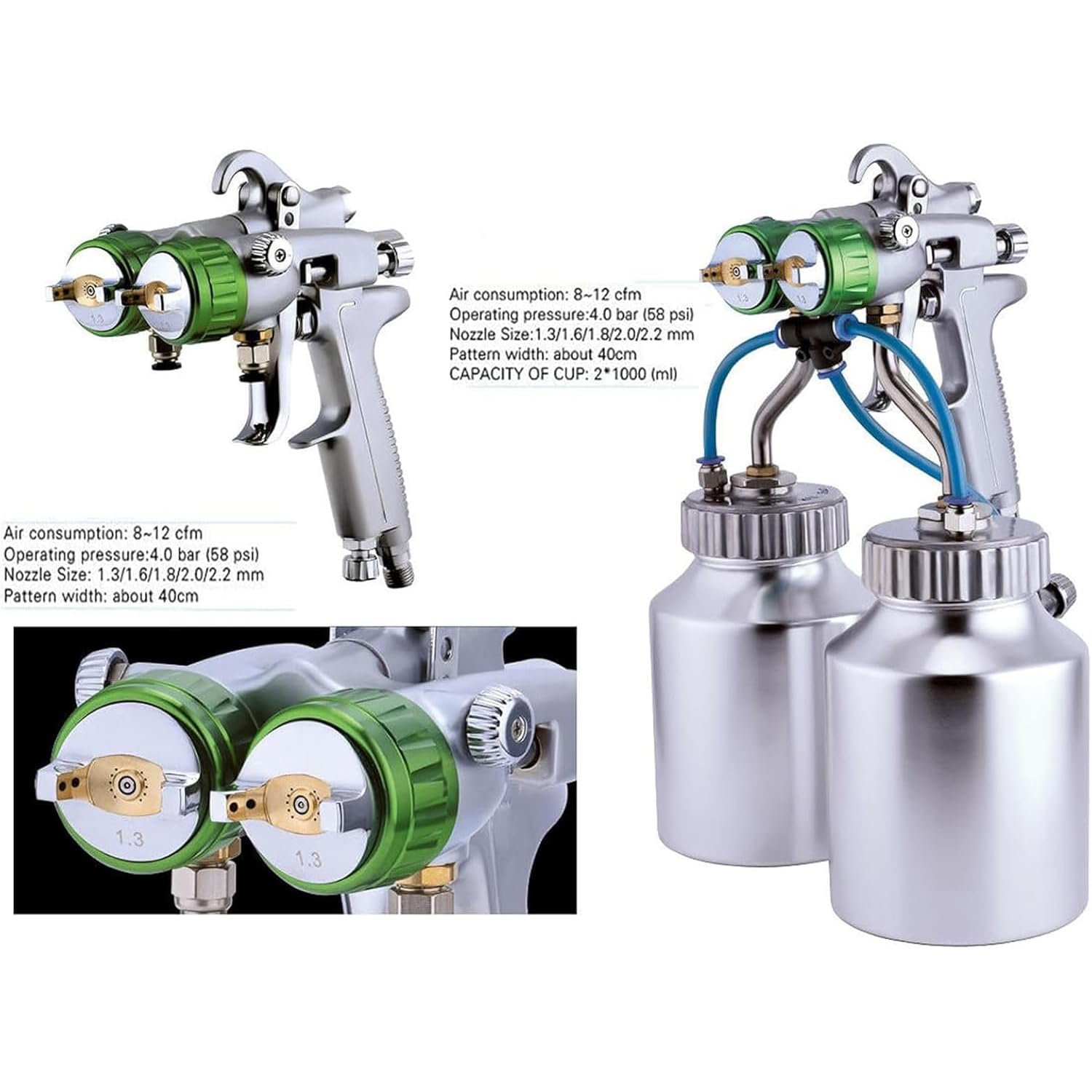Pulverizador de pintura neumático de doble cabeza, pistola de pulverización de alta presión, boquilla de 1,3 mm, 4,0 bar, para acabados suaves en proyectos mecánicos y electrónicos