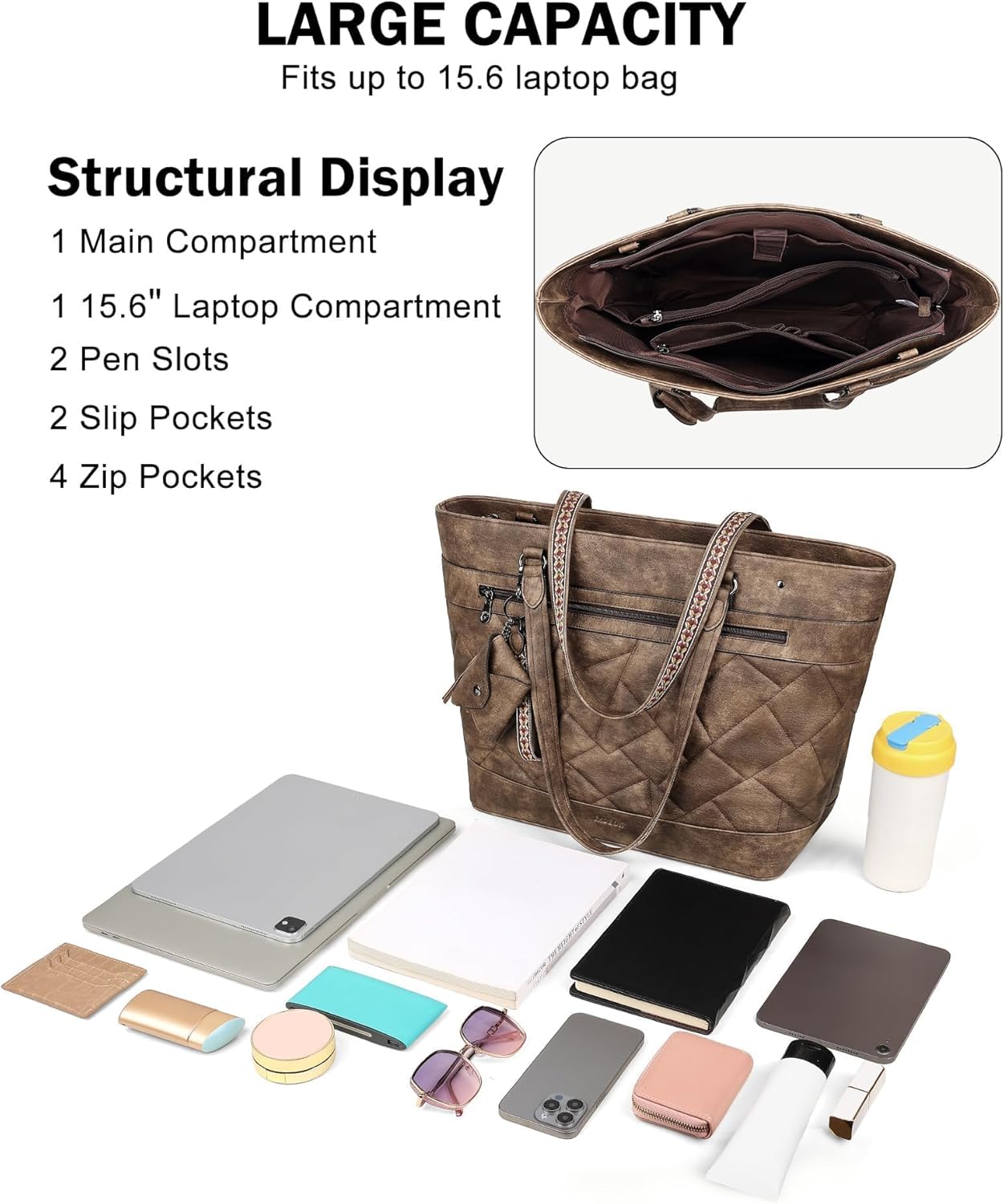 FADEON Quilted Tote Bag for Women, Designer Laptop Purse, Large Leather Shoulder Handbag for Travel, Work, Daily, Teacher - Image 4