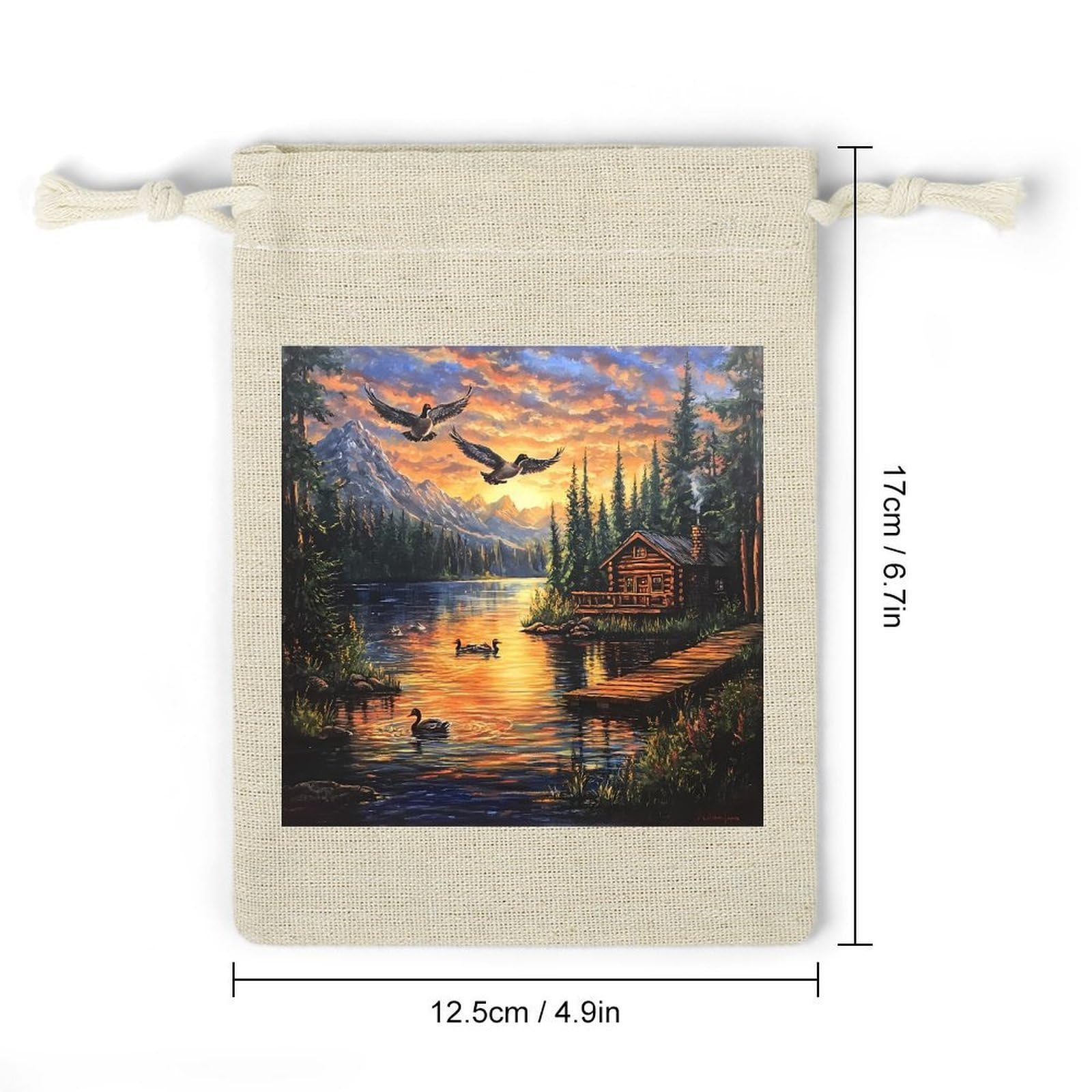 Mountain Sunset Wooden House Ducks 8 Pack Small Gift Bags Cotton And Linen Drawstring Pockets Sachet Bag for Party Home Supplies