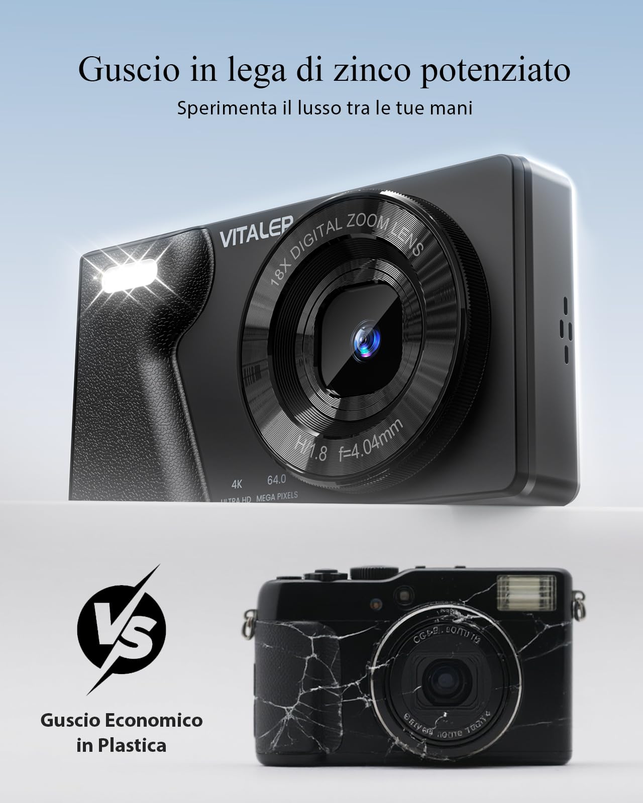 Macchina Fotografica Digitale 64MP 4K con Doppio Obiettivo,Batteria da 2000 mAh,Scocca in Lega di Zinco,Schermo LCD da 2,8",Zoom Digitale 18x per Principianti(Nero,NESSUNA SCHEDA SD)