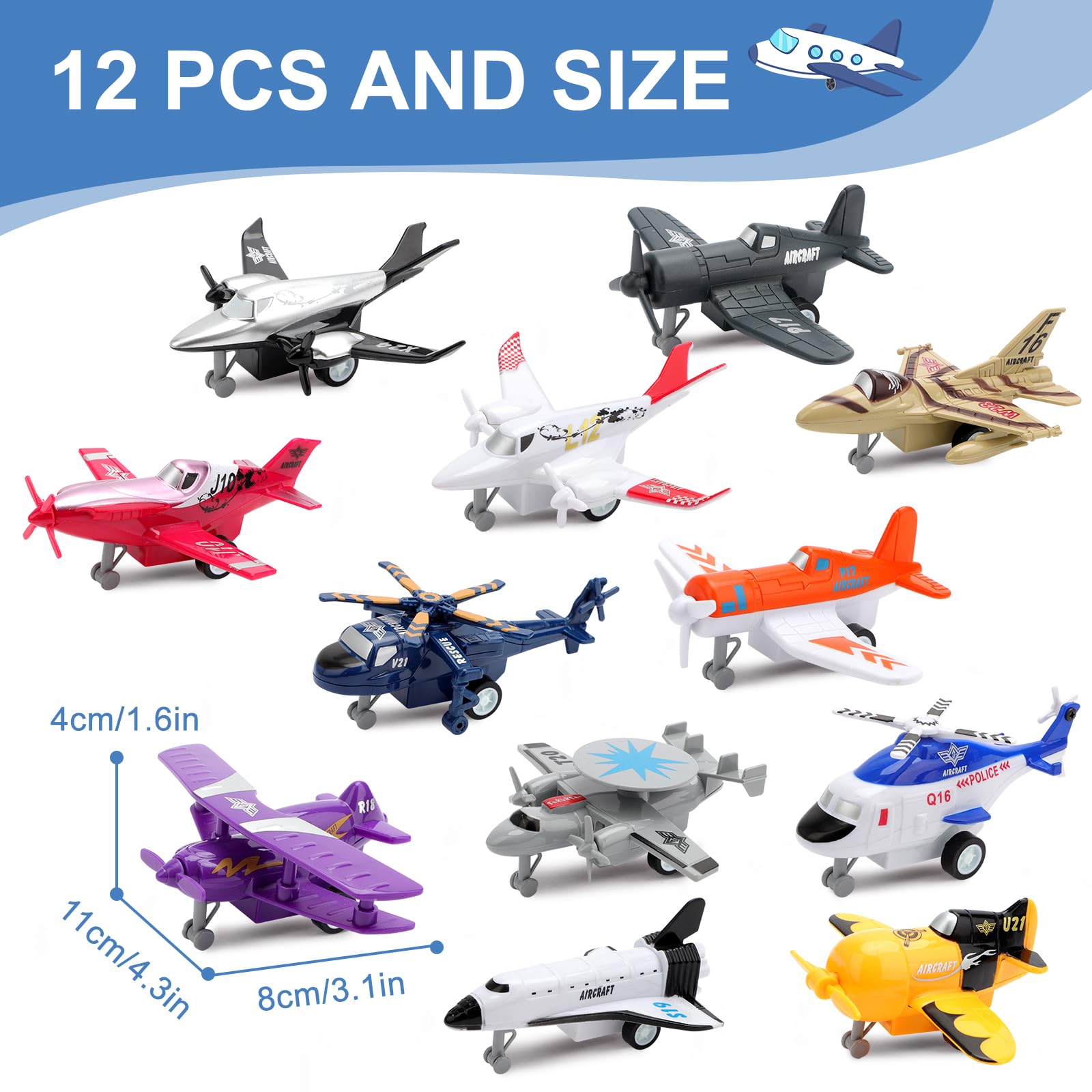 deAO Set of 12 Pull Back Airplanes Vehicle Playset Variety Pack of Helicopters, Stealth Bombers, Fighter Jets, Aircraft - Image 3