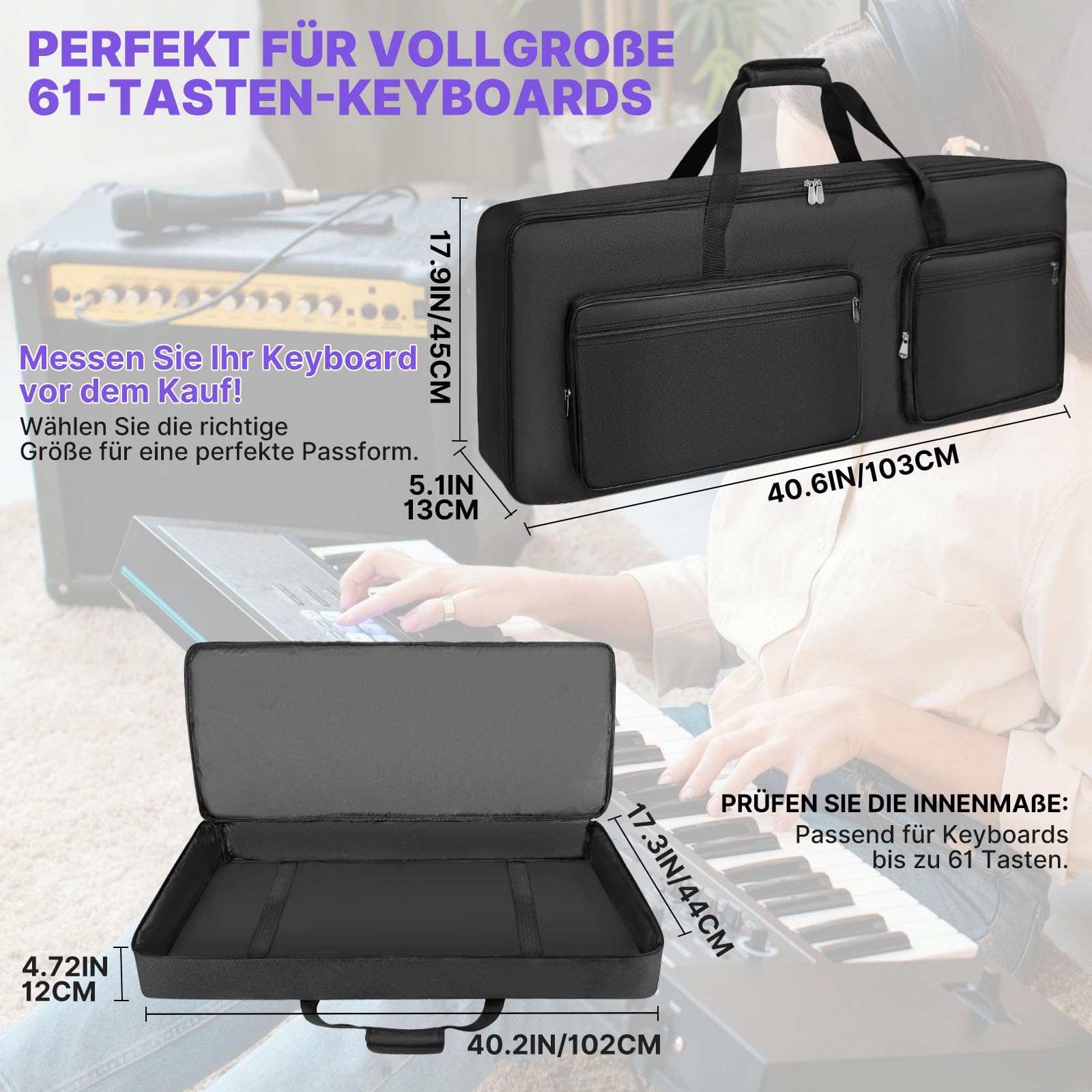 SUNDOY Custodia per tastiera a 61 tasti in robusto tessuto Oxford 600D, imbottitura in schiuma da 10 mm, perfetta per il trasporto di tastiere, accessori musicali e altro ancora