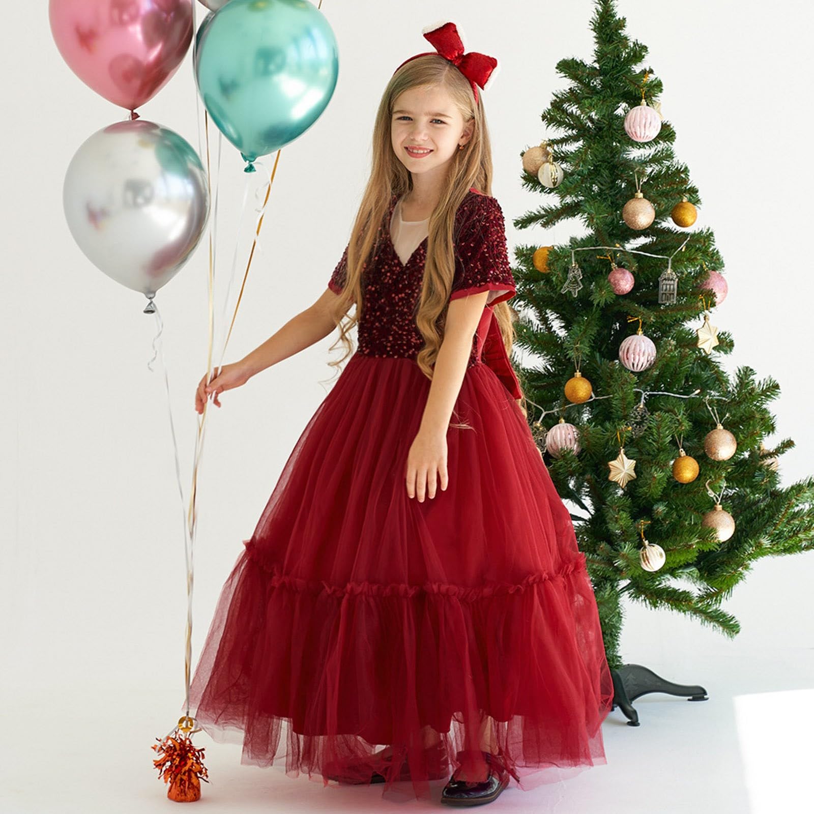 Elegant Pailletten Kleider Mädchen Festlich Tüllkleid Karneval Fasching Glitzer Cocktail Partykleider Mädchen Kurzarm V Ausschnitt Festival Freizeit Lässig Locker Bequeme