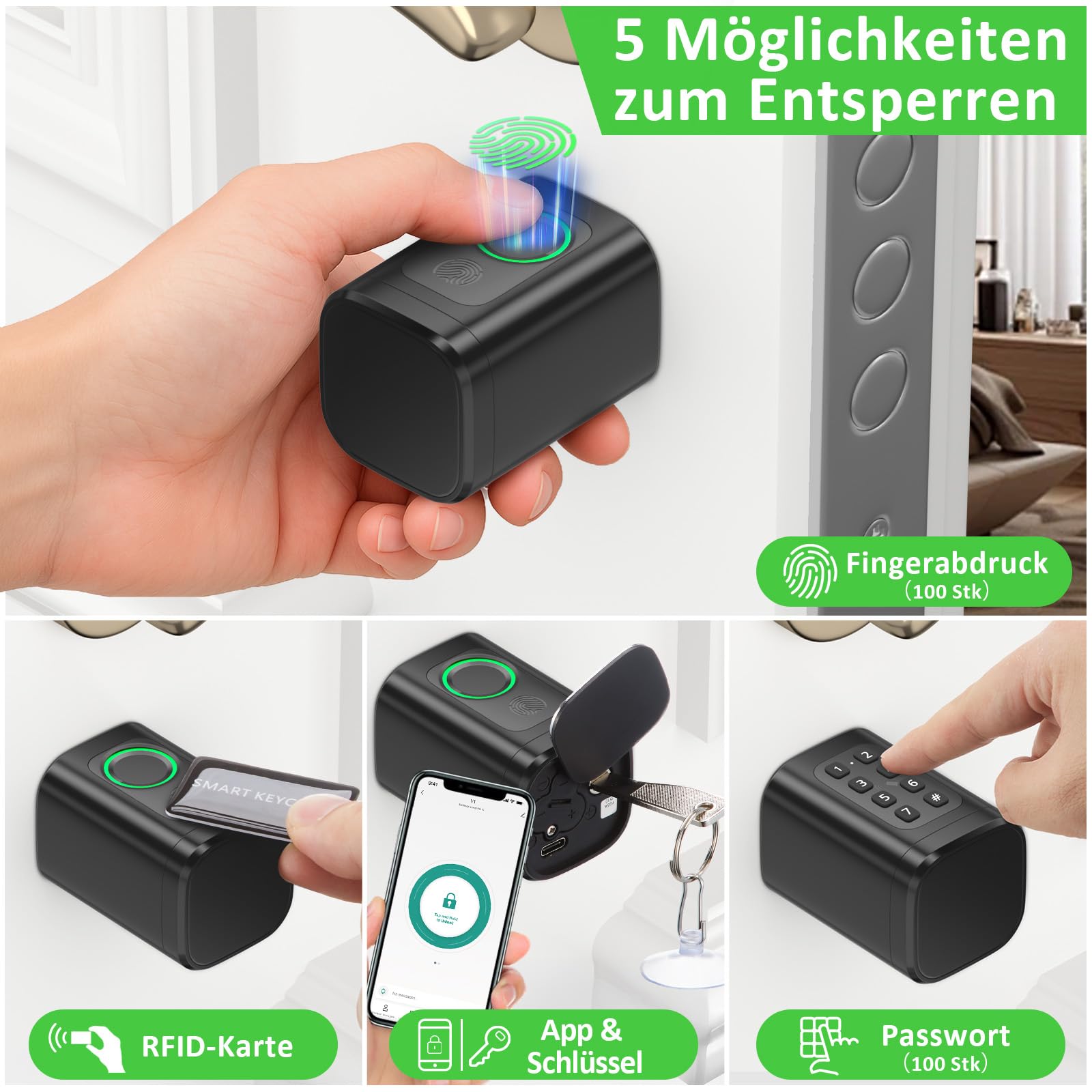 FITNATE Elektronisches Türschloss mit Fingerabdruck, 5-in-1 | App, Bluetooth, RFID, Passwort & Schlüssel, Verstellbar 60-80mm