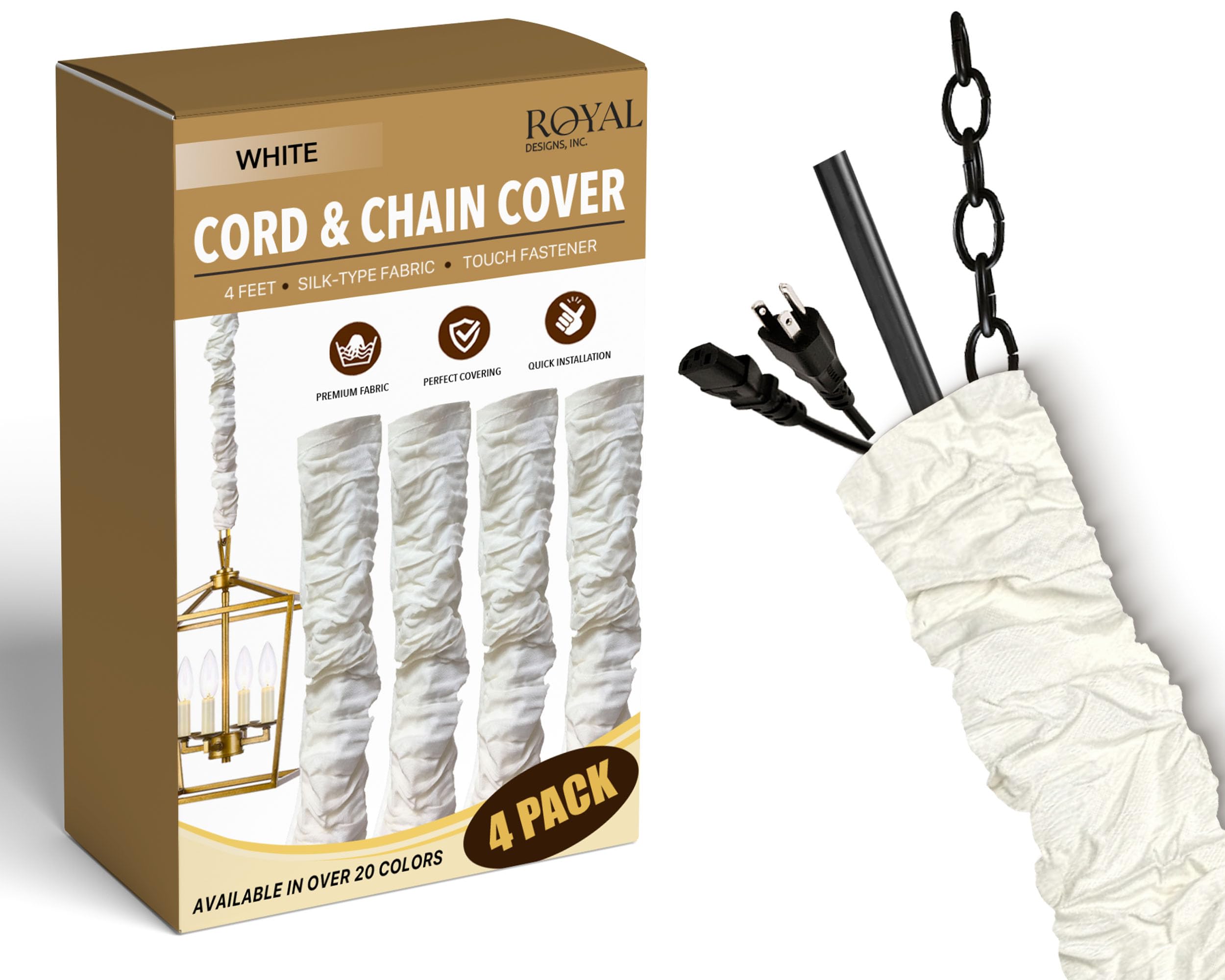 Royal Designs, Inc. Cord &amp; Chain Cover 4 ft Silk Type Fabric, Chandelier Pendant Lighting Chain &amp; Cable Management, Touch Fastener, White - 4 Pack