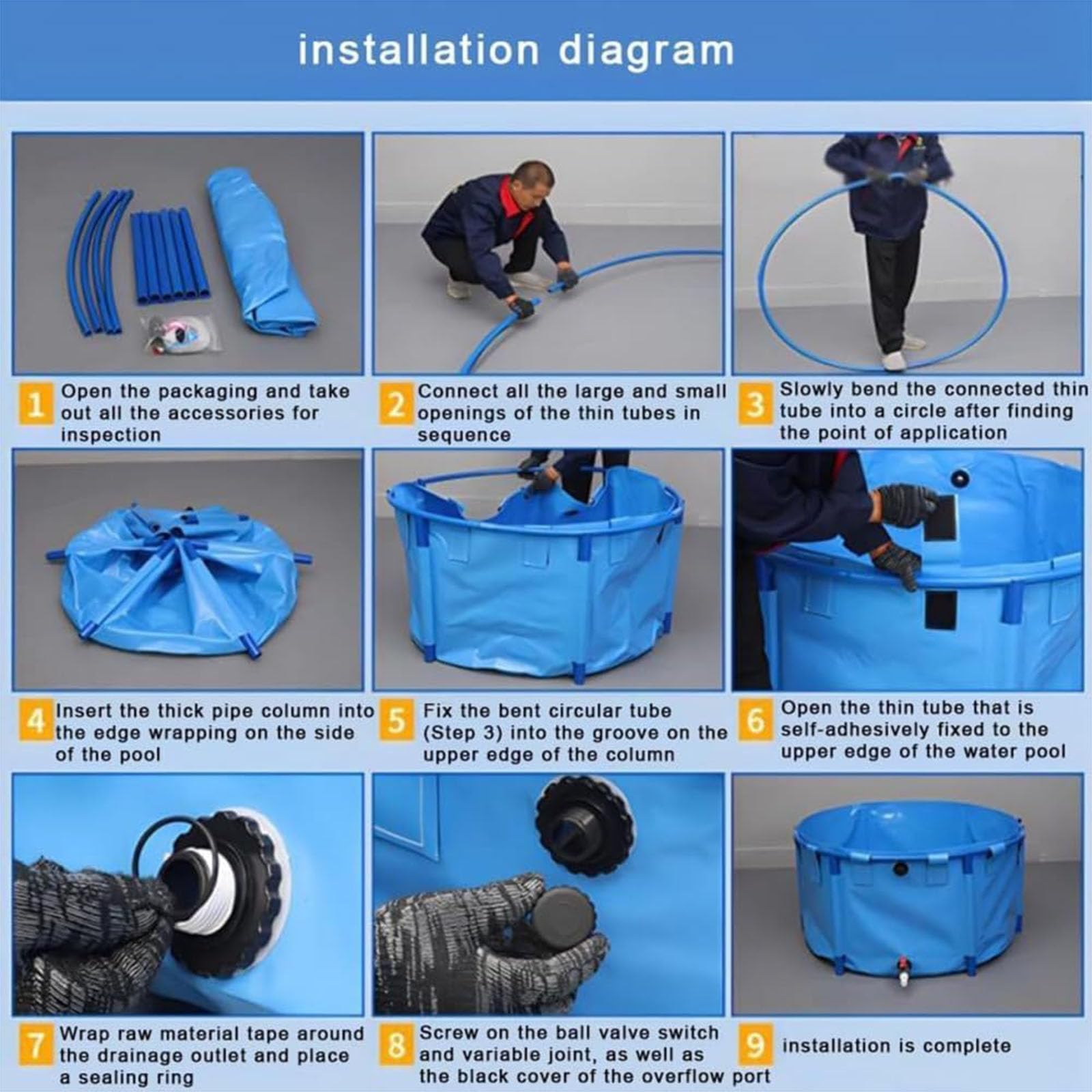 Aquarium en PVC avec vanne de vidange - 2 x 1 mètre, Aquarium temporaire adapté aux carpes koï, aux thons Rouges et aux Poissons d'eau salée - matériau en Toile, Bleu, idéal pour Une utilisa