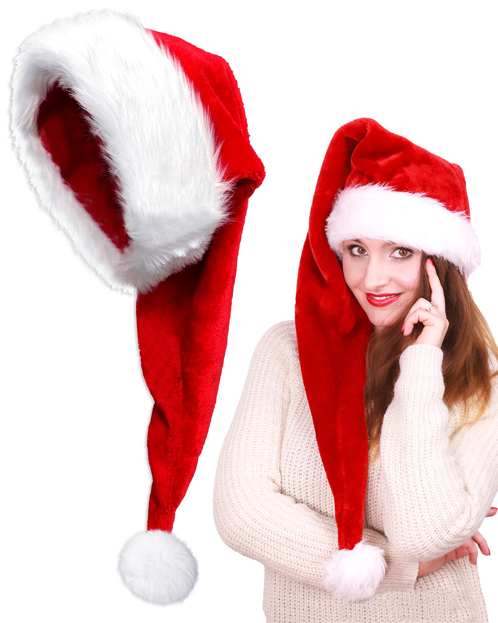 Dolkoic Lange Plüsch-Weihnachtsmannmütze, Weihnachtsmütze für Erwachsene, Unisex, Weihnachten, Halloween, Kostümpartys