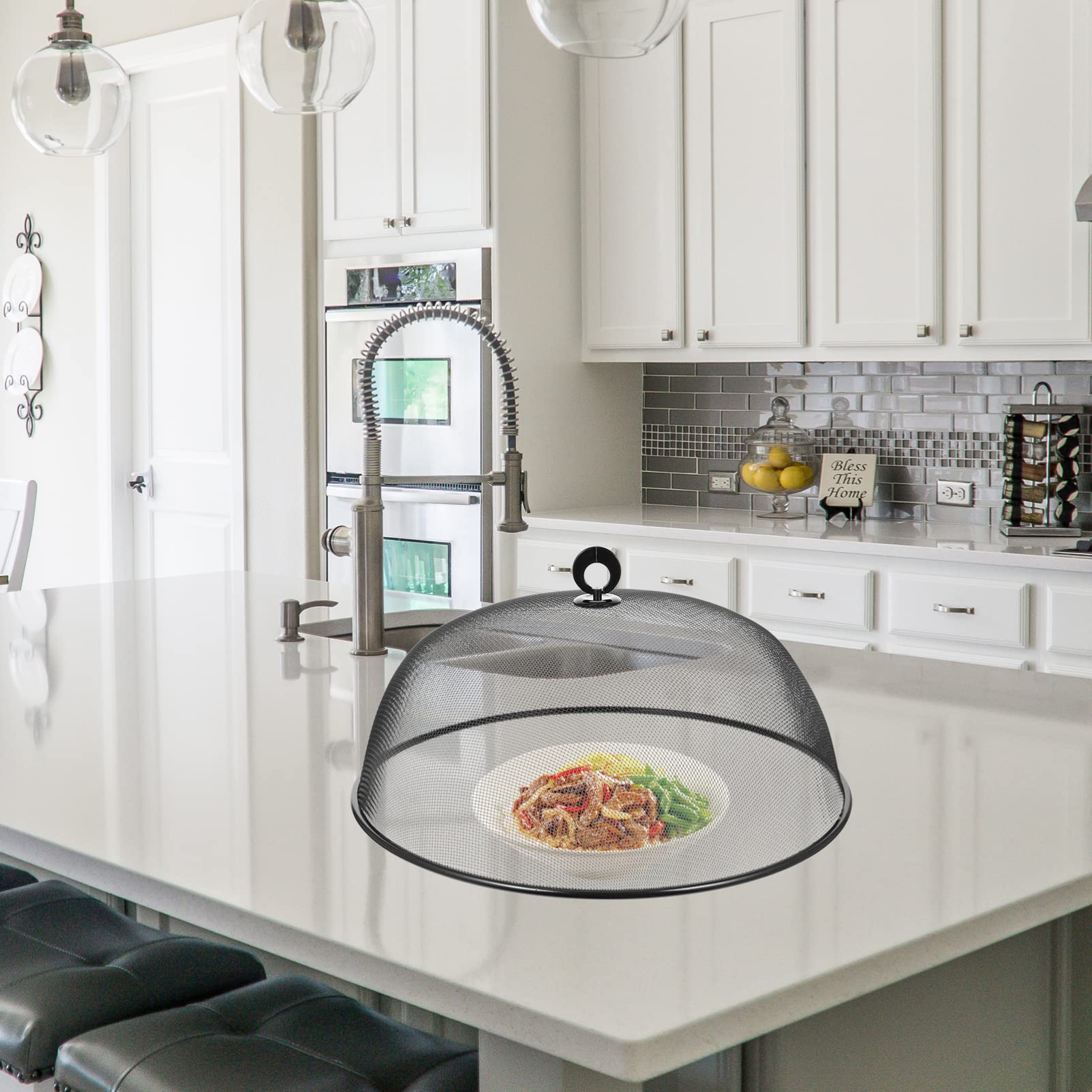 GANAZONO Cloche Alimentaire en Mailles Métalliques 40 Cm Noir avec Poignée pour Cuisine Protection Contre Insectes Et Poussière Rangement Facile