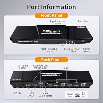 TESmart KVM Switch Dual Monitor DisplayPort + HDMI, Support
