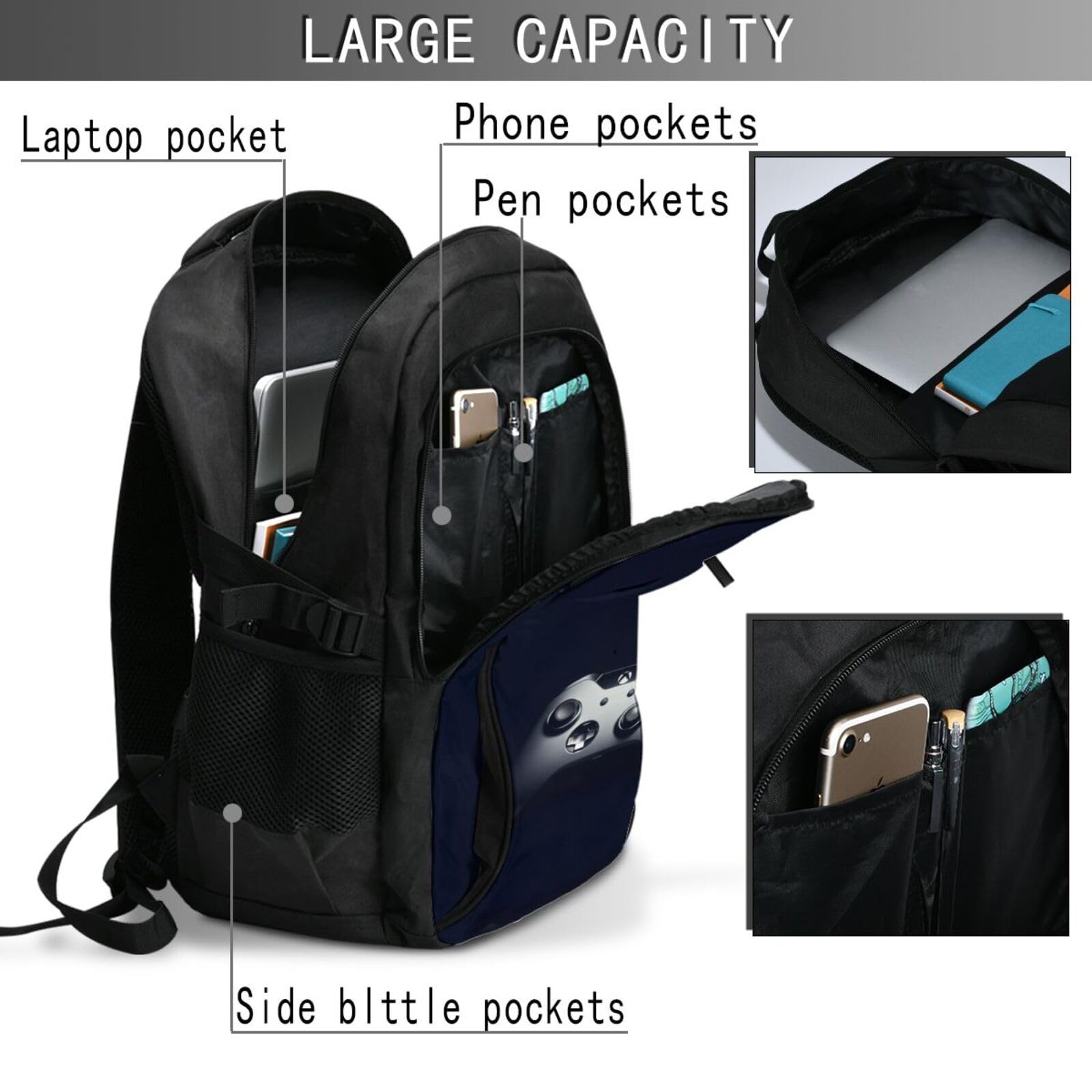 Zaino per computer portatile con motivo controller di gaming/antifurto, da 13 a 16 pollici, con ricarica USB e porta per cuffie, resistente all'acqua, per lavoro, università, scuola, computer