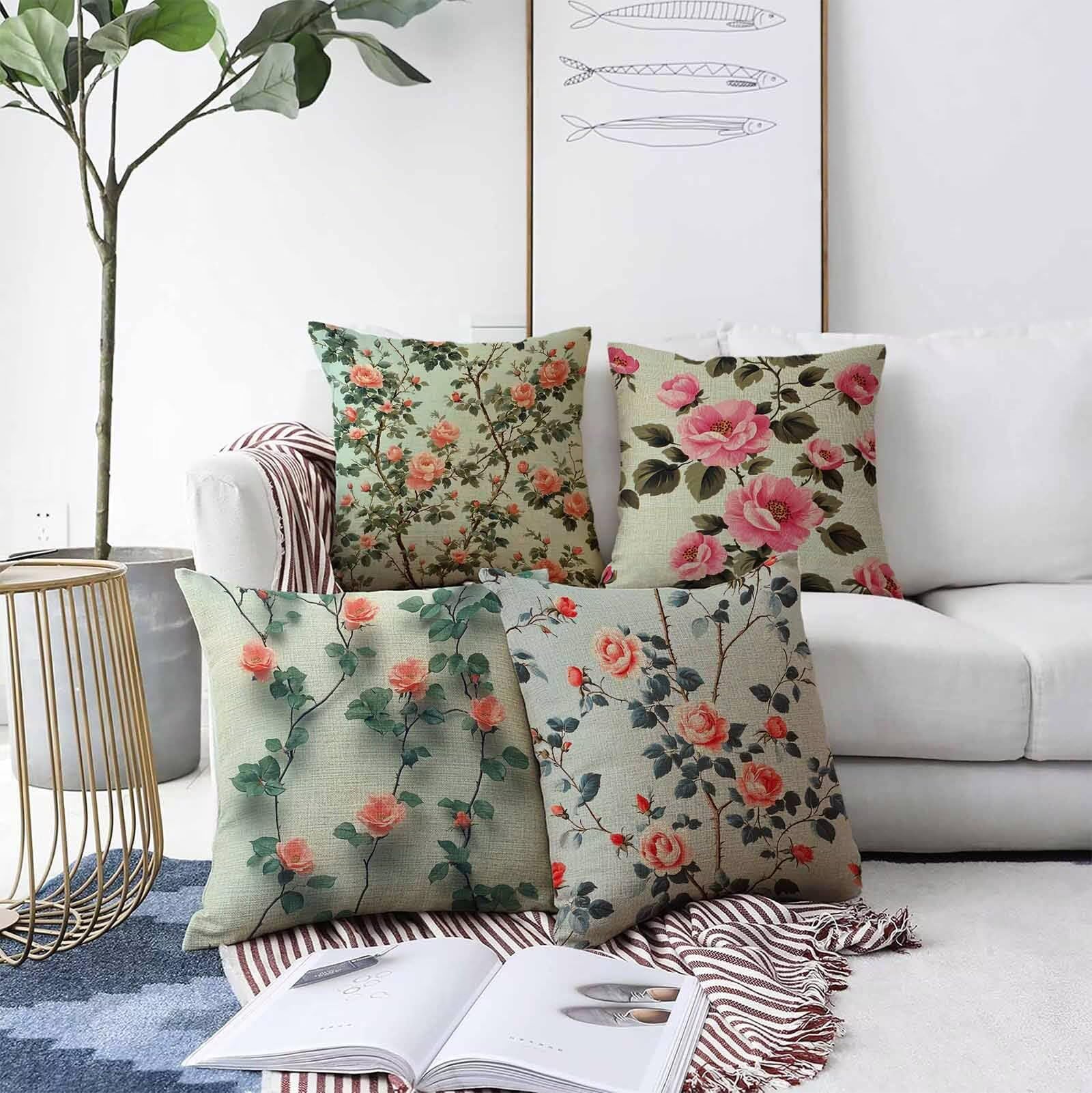 Coussin Canape Rose Housse Coussin 60 x 60 cm Lot de 4, Fleur Coussin Exterieur Impermeable Carrée Lin Taie Oreiller Motifs Impression Recto Verso Conception pour Décoration Maison Salon PjY8243 6-1
