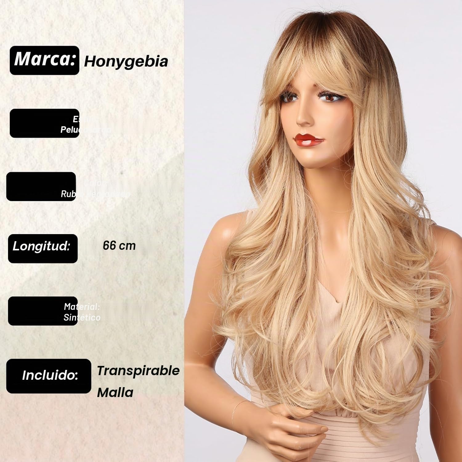 Peluca Rubia con Flequillo Cortina - Peluca Larga Ondulada para Mujeres, Cabello Sintético Resistente al Calor con Raíces Oscuras