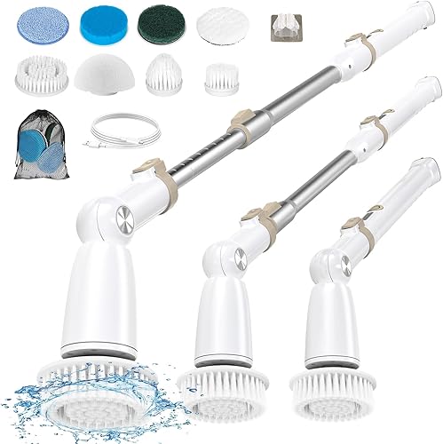 DIAFIELD Limpiador eléctrico giratorio, cepillo de limpieza inalámbrico con 8 cabezales de cepillo reemplazables y mango de extensión desmontable y